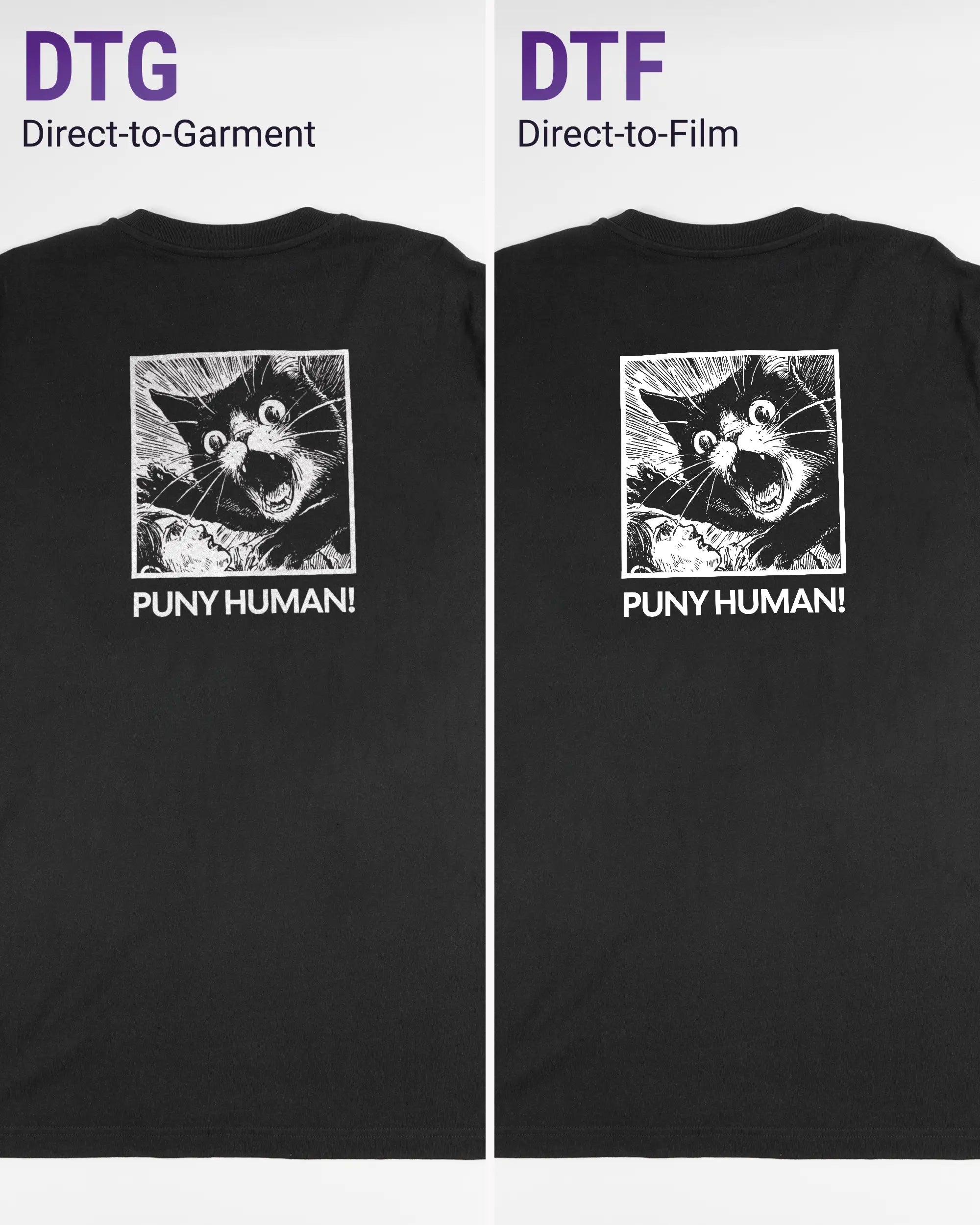 Vergleich der Rückseiten des Organic Unisex T-Shirt Relaxed von Maondo mit dem Design Puny Human in der Farbe Black und in der Größe L links mit dem Direct-to-Garment und rechts mit dem Direct-to-Film Verfahren