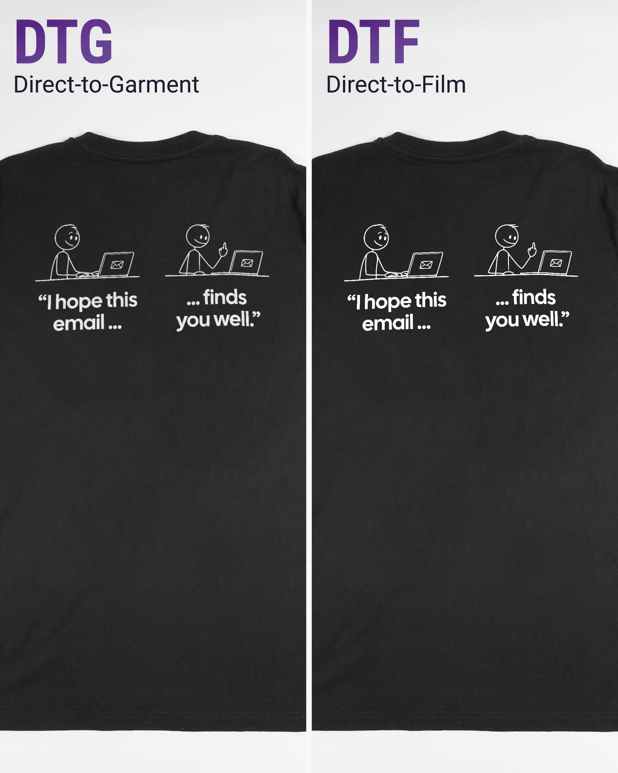 Vergleich der Rückseiten des Organic Unisex T-Shirt Relaxed von Maondo mit dem Design Found me not well in der Farbe Black und in der Größe L links mit dem Direct-to-Garment und rechts mit dem Direct-to-Film Verfahren