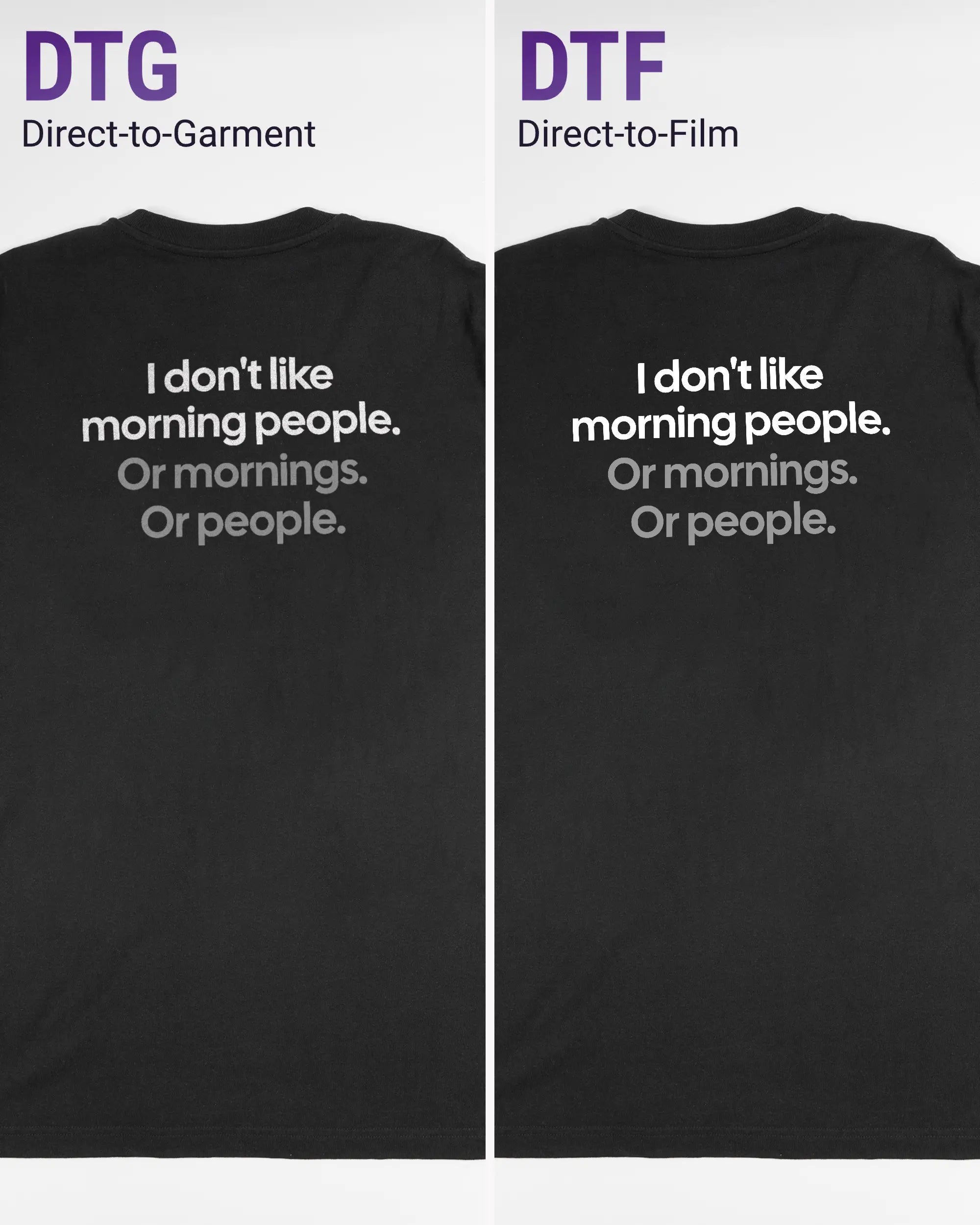 Vergleich der Rückseiten des Organic Unisex T-Shirt Relaxed von Maondo mit dem Design Morning Person in der Farbe Black und in der Größe L links mit dem Direct-to-Garment und rechts mit dem Direct-to-Film Verfahren