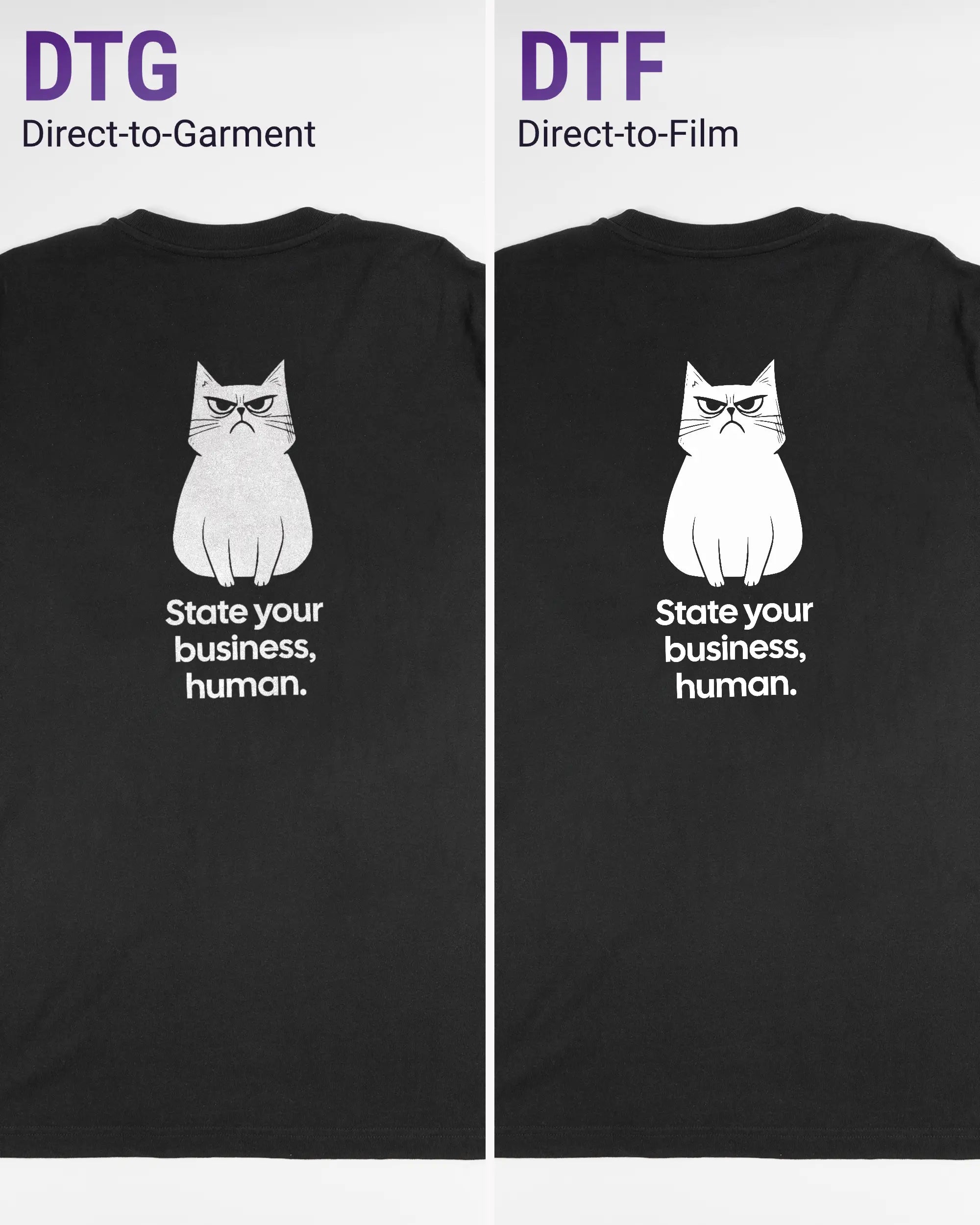 Vergleich der Rückseiten des Organic Unisex T-Shirt Relaxed von Maondo mit dem Design Grumpy Purr in der Farbe Black und in der Größe L links mit dem Direct-to-Garment und rechts mit dem Direct-to-Film Verfahren