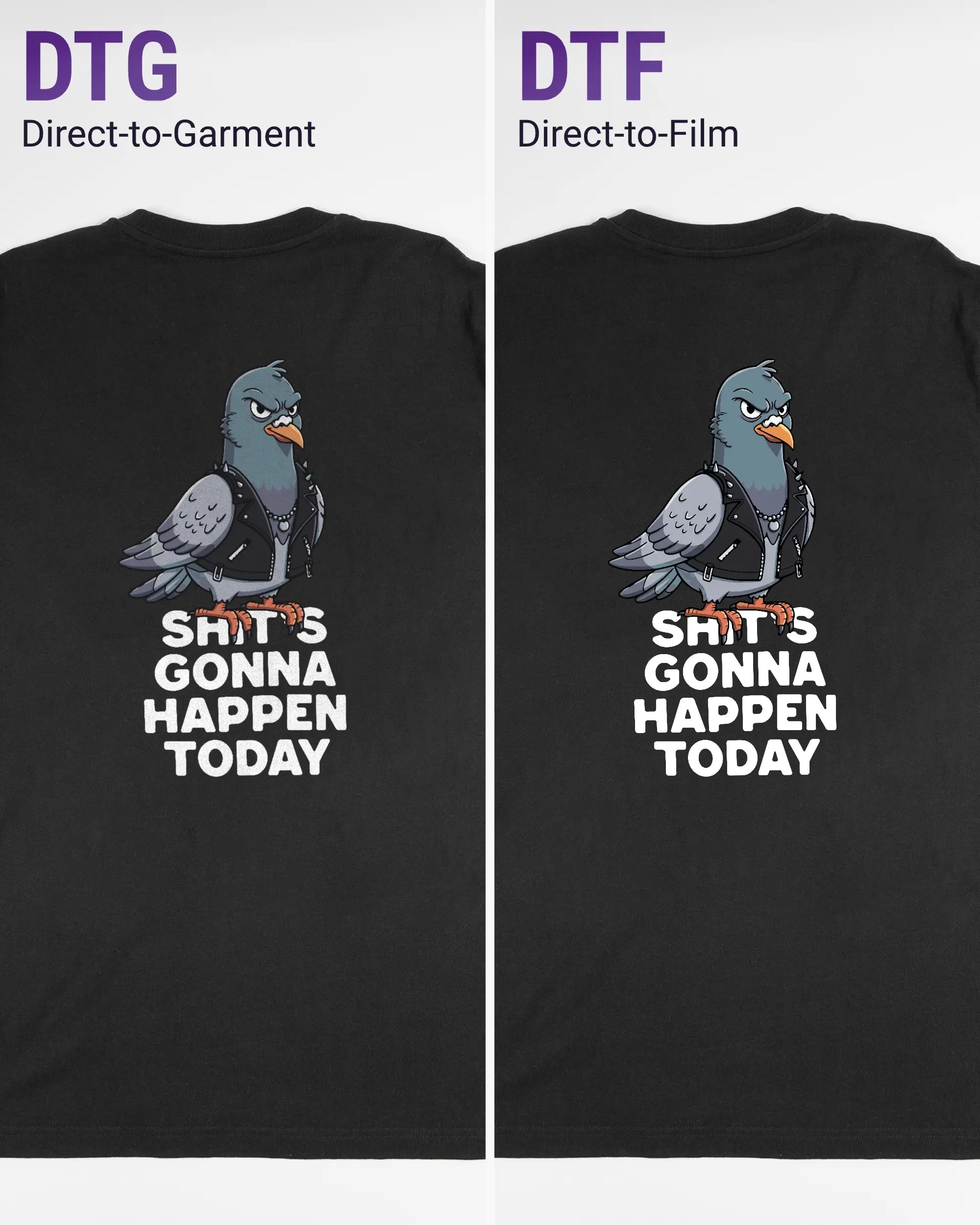 Vergleich der Rückseiten des Organic Unisex T-Shirt Relaxed von Maondo mit dem Design Pigeon Pun in der Farbe Black und in der Größe L links mit dem Direct-to-Garment und rechts mit dem Direct-to-Film Verfahren