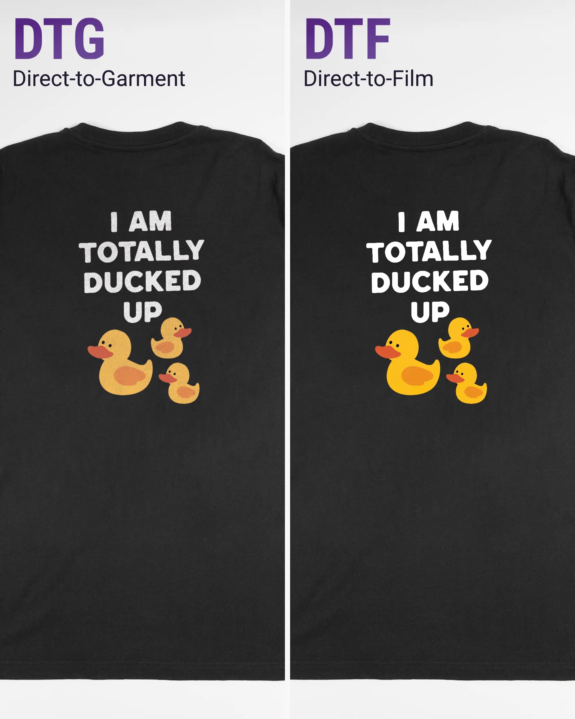 Vergleich der Rückseiten des Organic Unisex T-Shirt Relaxed von Maondo mit dem Design Ducked Up in der Farbe Black und in der Größe L links mit dem Direct-to-Garment und rechts mit dem Direct-to-Film Verfahren