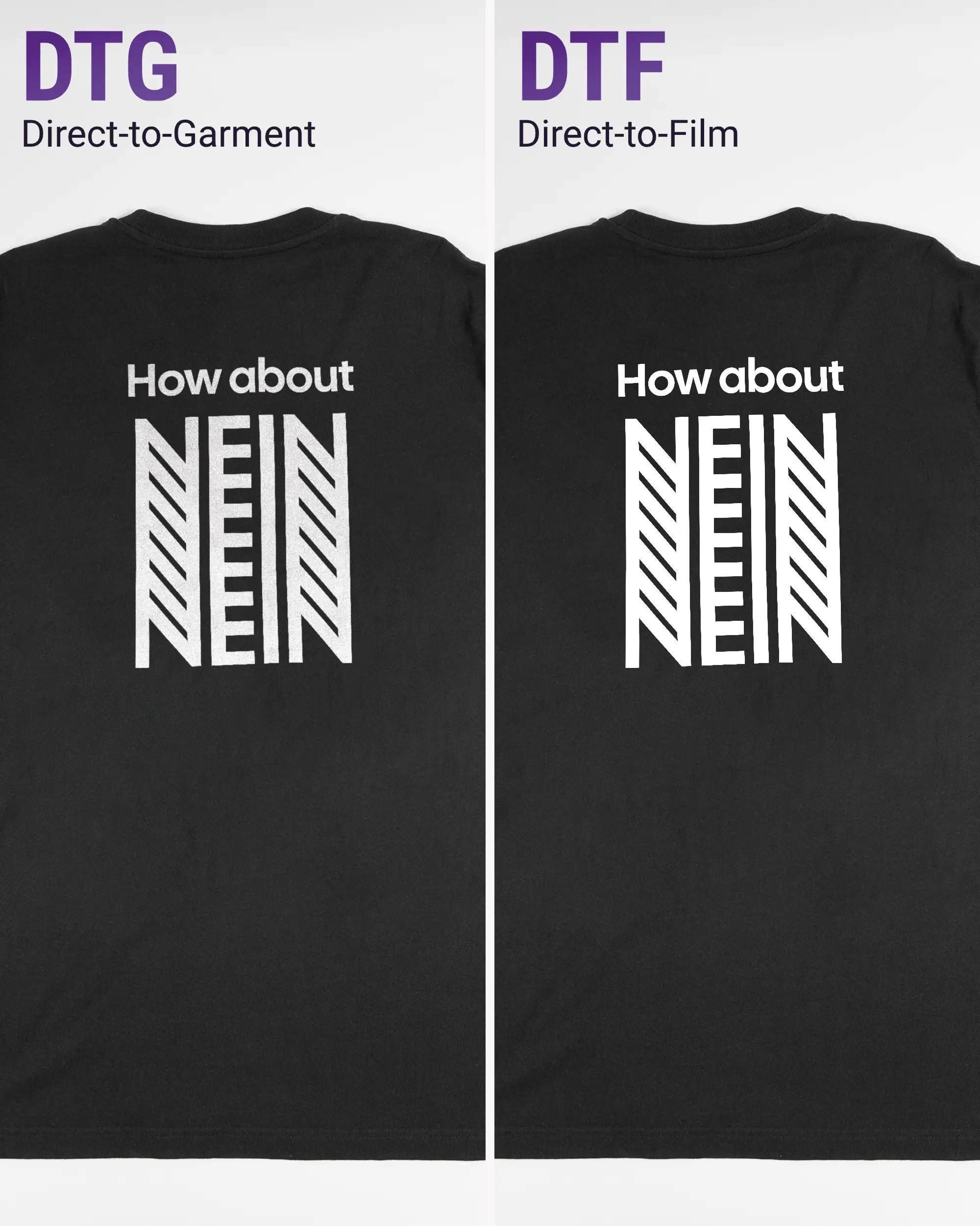 Vergleich der Rückseiten des Organic Unisex T-Shirt Relaxed von Maondo mit dem Design How about nein in der Farbe Black und in der Größe L links mit dem Direct-to-Garment und rechts mit dem Direct-to-Film Verfahren