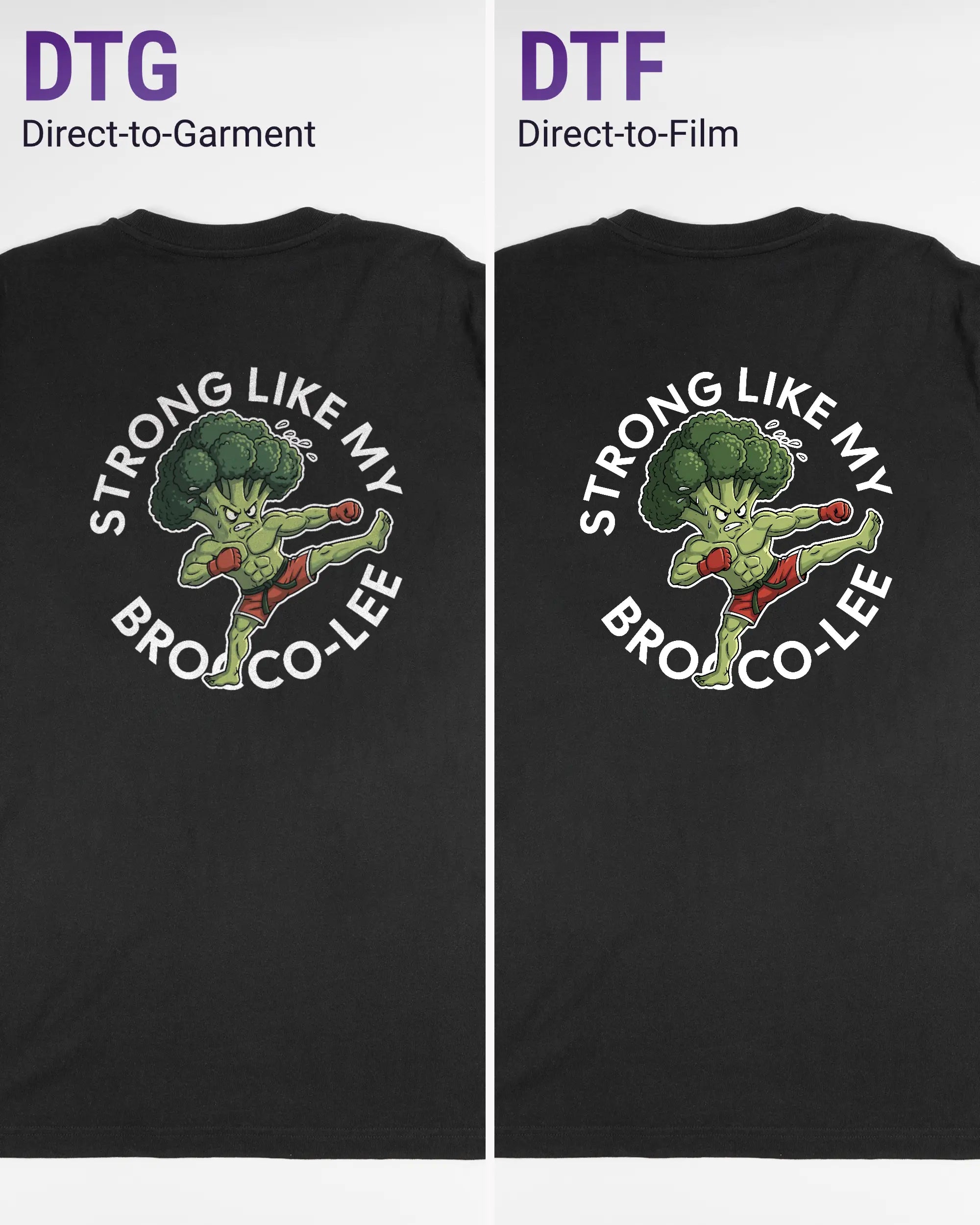 Vergleich der Rückseiten des Organic Unisex T-Shirt Relaxed von Maondo mit dem Design Brocco-Lee in der Farbe Black und in der Größe L links mit dem Direct-to-Garment und rechts mit dem Direct-to-Film Verfahren