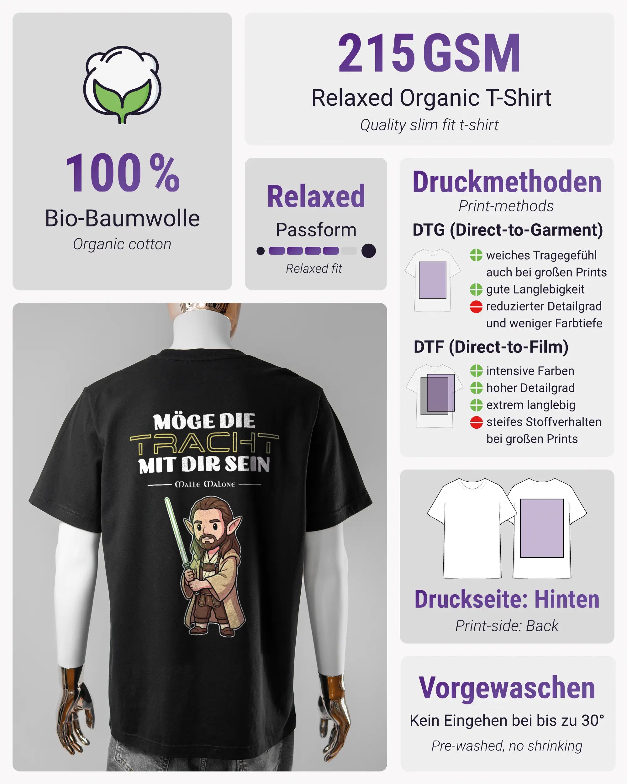 Produktinformationsblatt des Organic Unisex T-Shirt Relaxed von Maondo mit dem Design Tracht mit dir hinten in der Farbe Black und in der Größe L