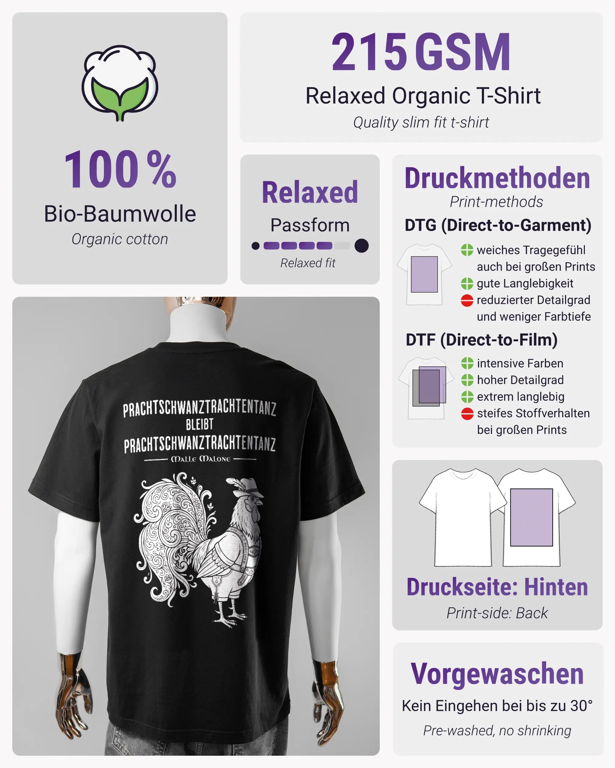 Produktinformationsblatt des Organic Unisex T-Shirt Relaxed von Maondo mit dem Design Trachtentanz hinten in der Farbe Black und in der Größe L