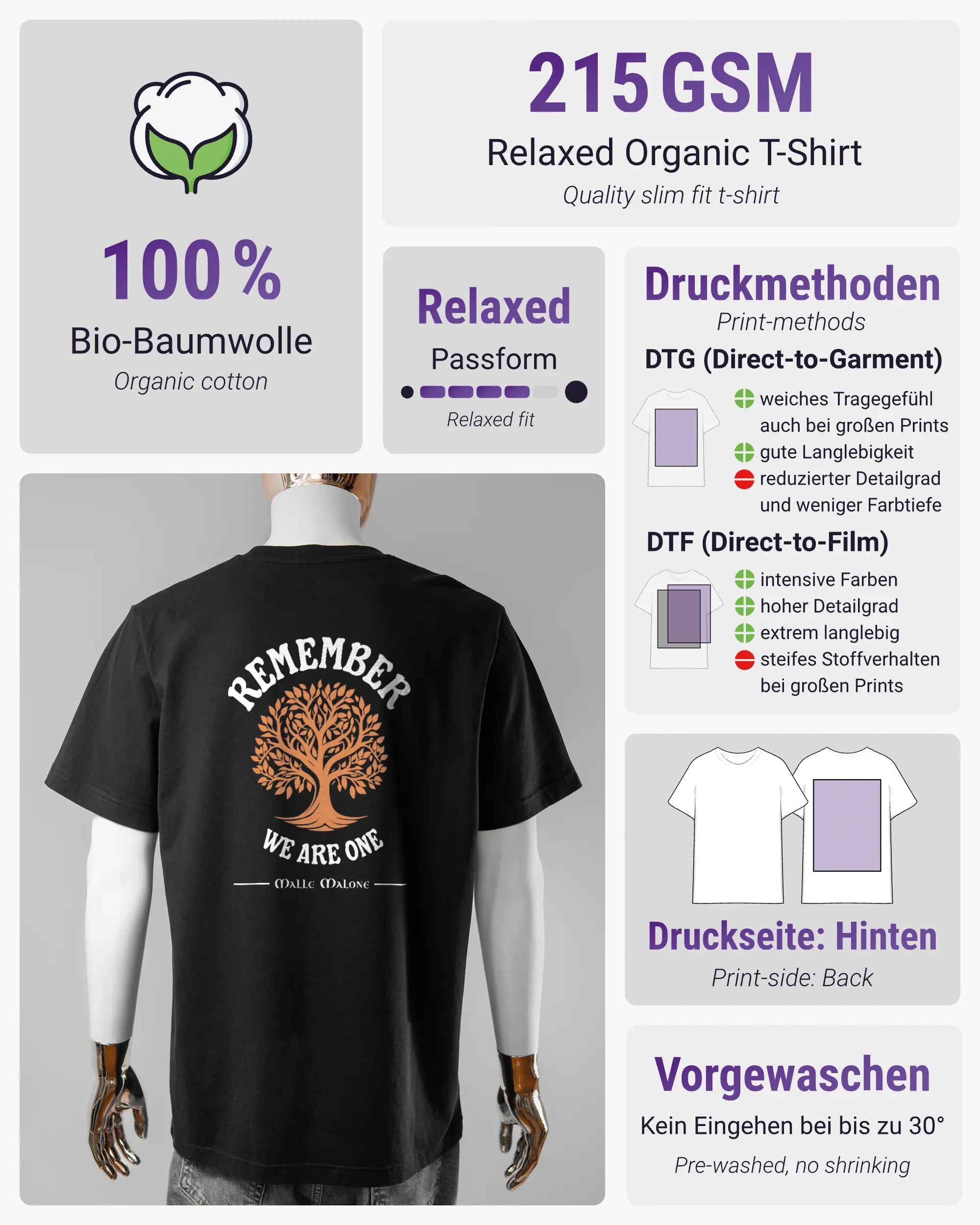 Produktinformationsblatt des Organic Unisex T-Shirt Relaxed von Maondo mit dem Design We are one hinten in der Farbe Black und in der Größe L