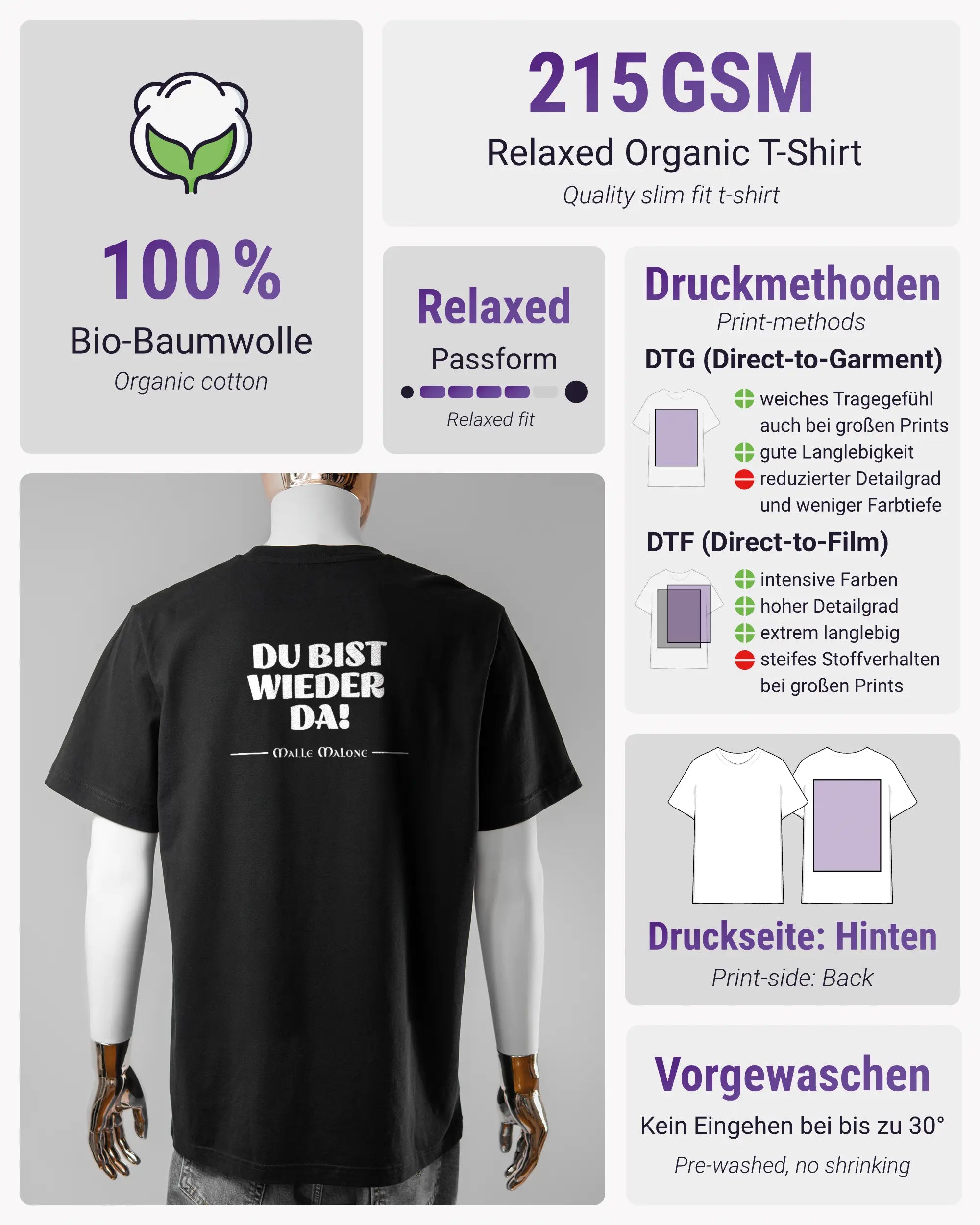 Produktinformationsblatt des Organic Unisex T-Shirt Relaxed von Maondo mit dem Design Wieder da hinten in der Farbe Black und in der Größe L