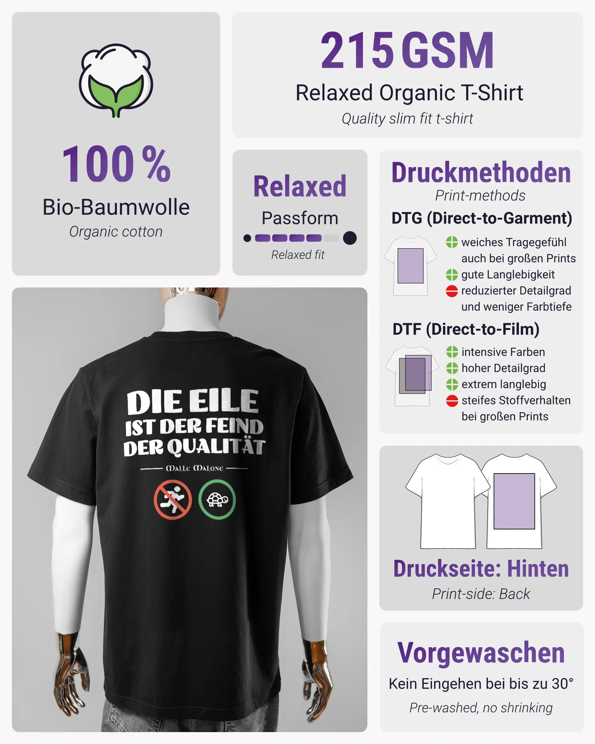 Produktinformationsblatt des Organic Unisex T-Shirt Relaxed von Maondo mit dem Design Keine Eile hinten in der Farbe Black und in der Größe L
