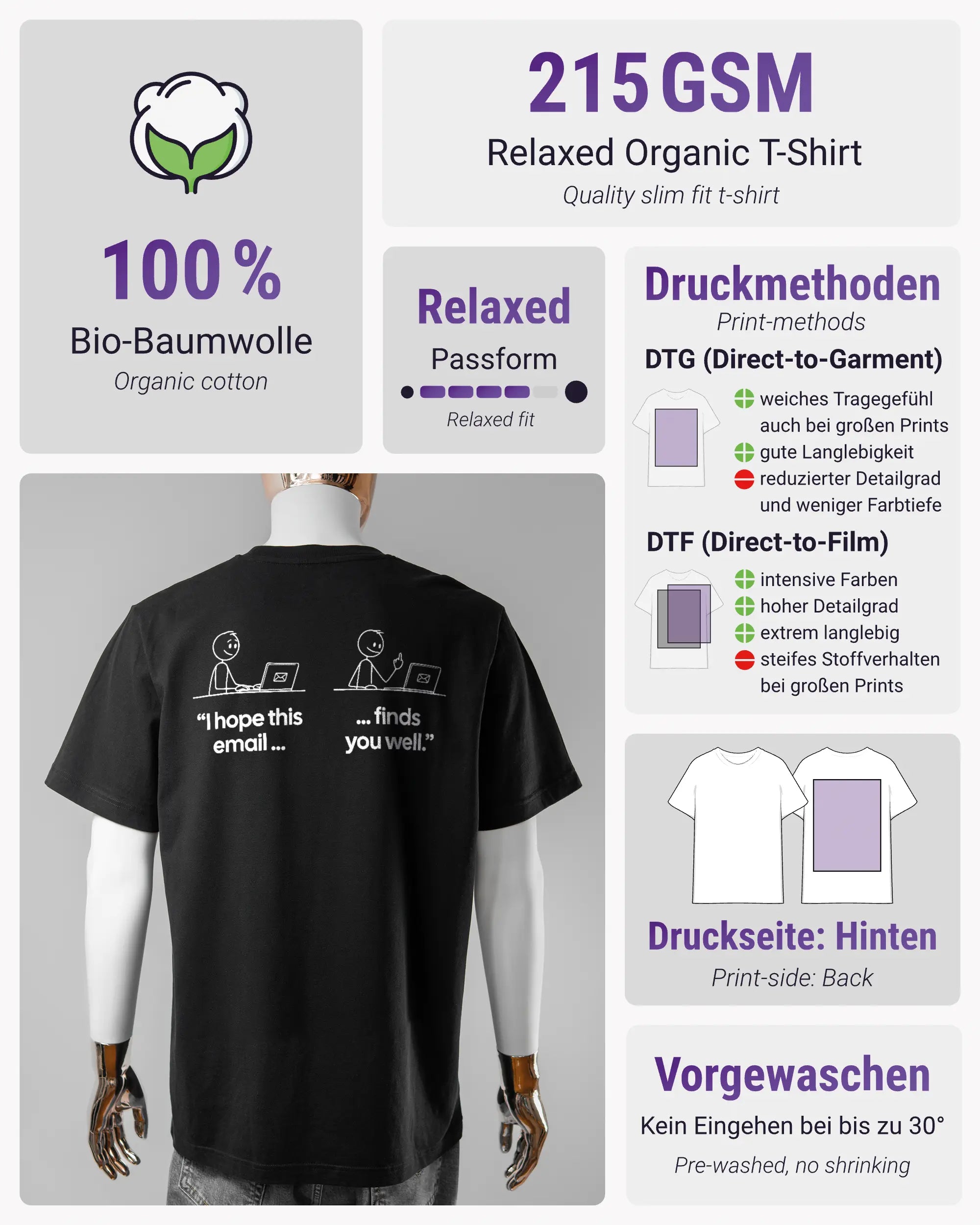 Produktinformationsblatt des Organic Unisex T-Shirt Relaxed von Maondo mit dem Design Found me not well hinten in der Farbe Black und in der Größe L