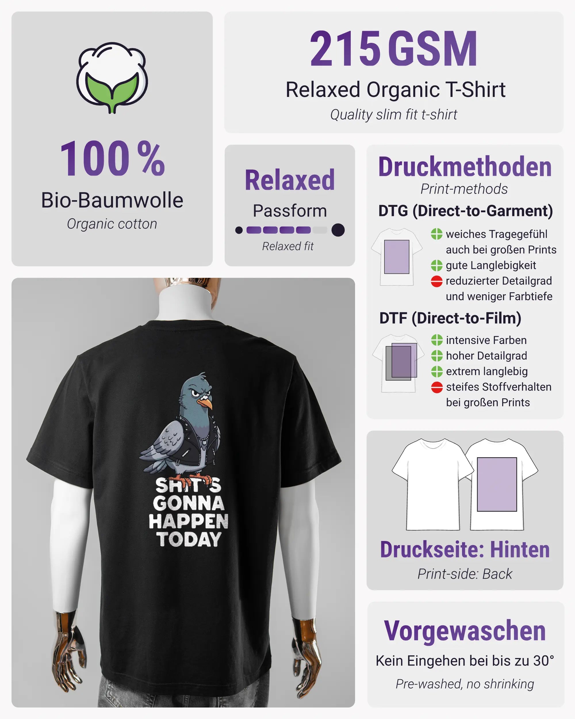 Produktinformationsblatt des Organic Unisex T-Shirt Relaxed von Maondo mit dem Design Pigeon Pun hinten in der Farbe Black und in der Größe L