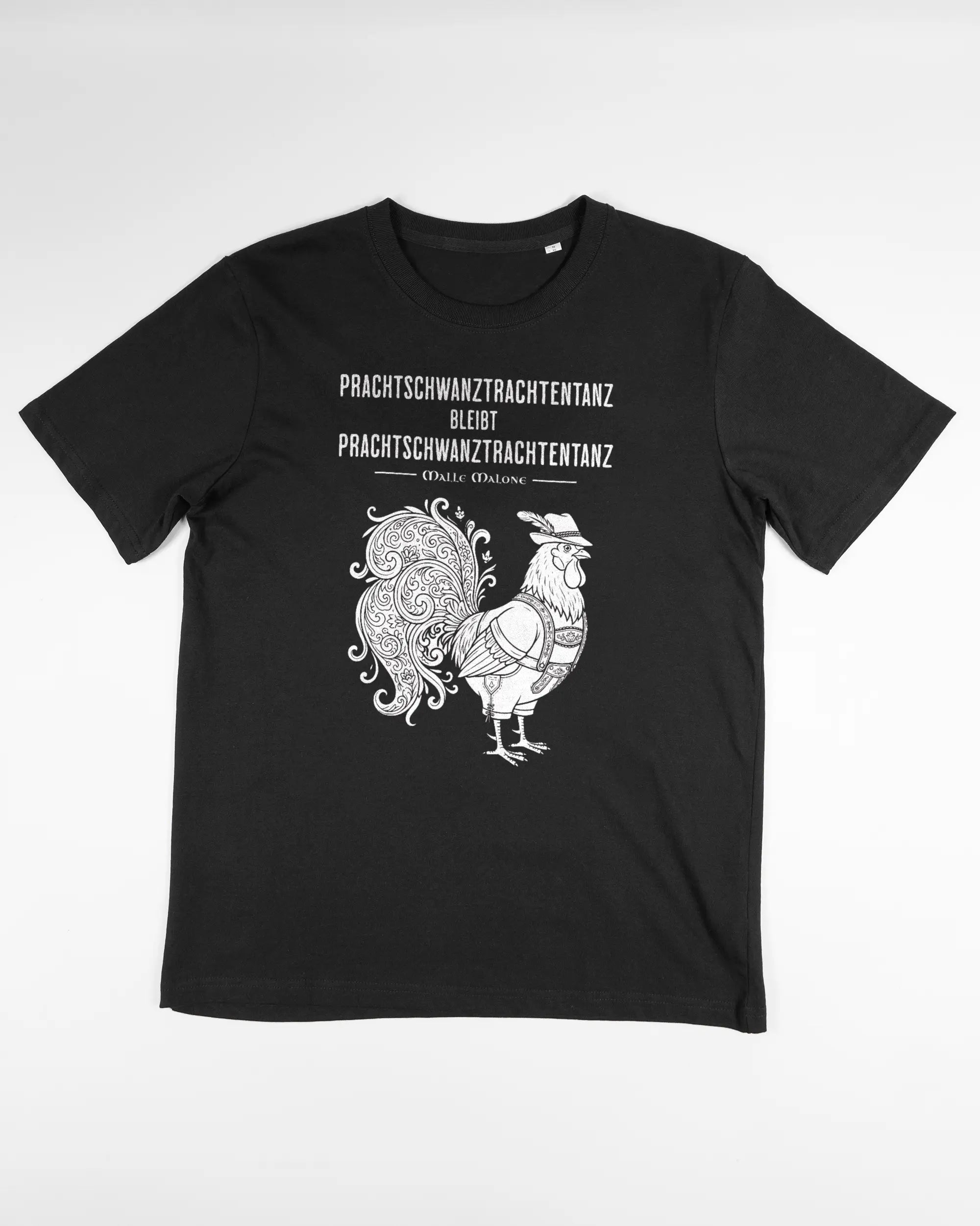 Vorderseite des Organic Unisex T-Shirt Relaxed von Maondo mit dem Design Trachtentanz in der Farbe Black und in der Größe S flach auf den Boden gelegt