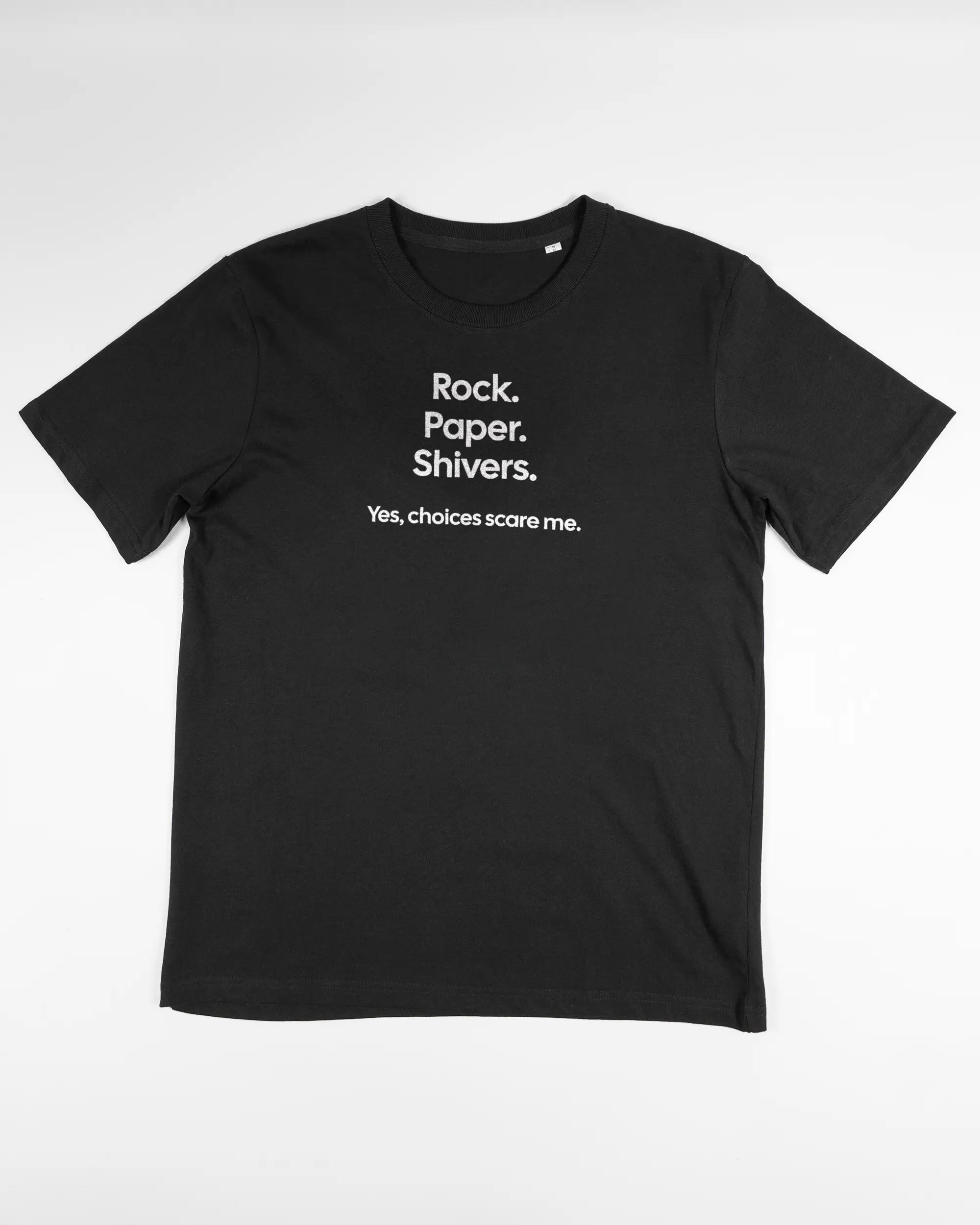 Vorderseite des Organic Unisex T-Shirt Relaxed von Maondo mit dem Design Rock Paper Shivers in der Farbe Black und in der Größe S flach auf den Boden gelegt