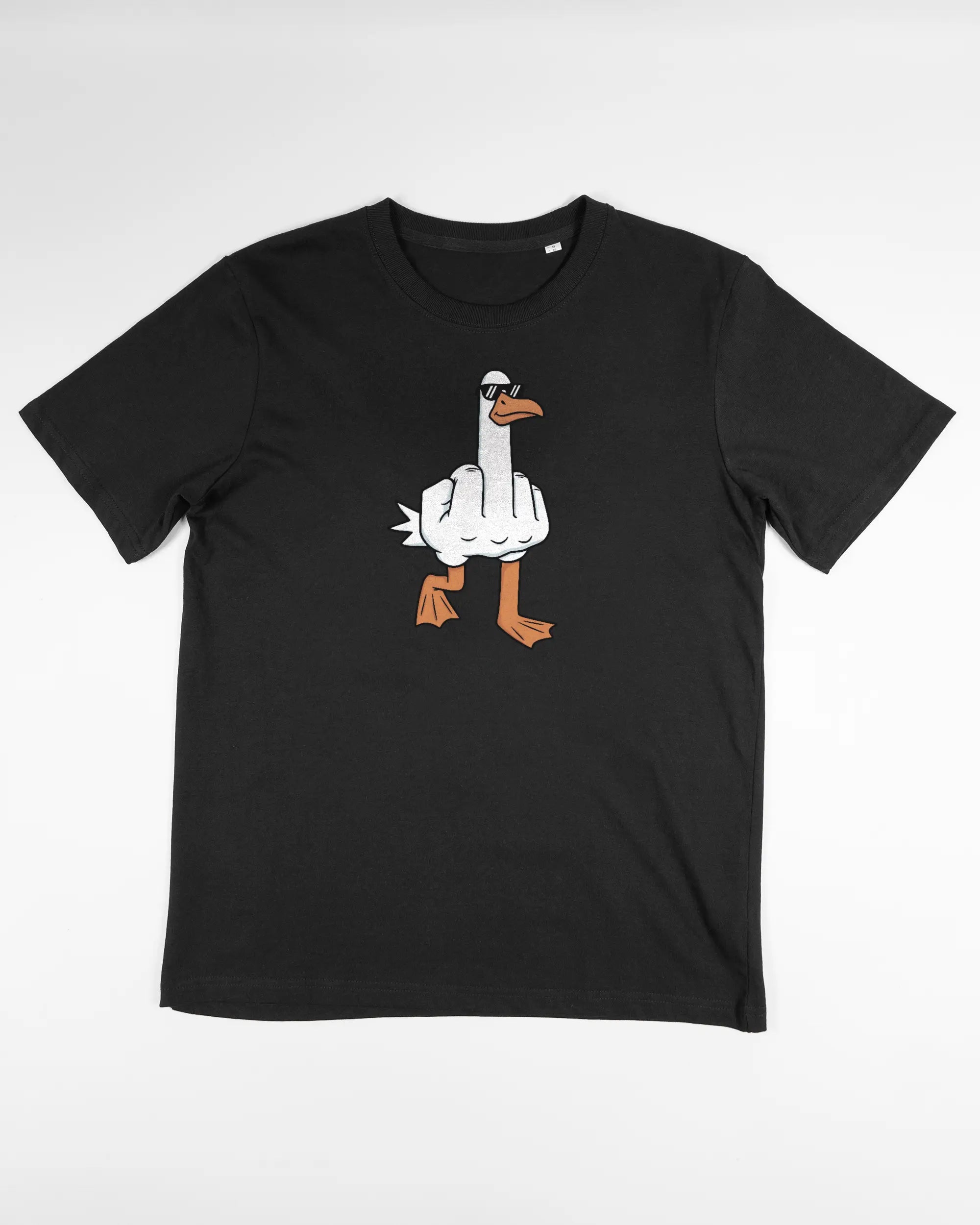 Vorderseite des Organic Unisex T-Shirt Relaxed von Maondo mit dem Design I give a duck in der Farbe Black und in der Größe S flach auf den Boden gelegt