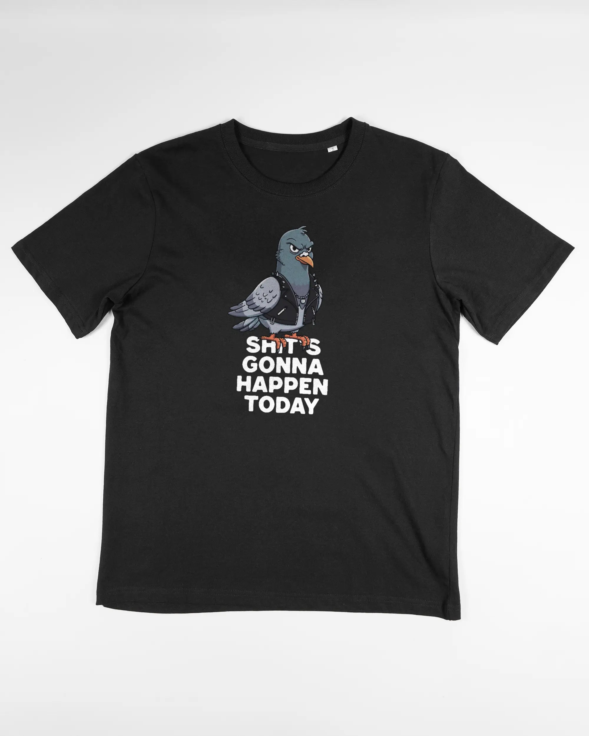 Vorderseite des Organic Unisex T-Shirt Relaxed von Maondo mit dem Design Pigeon Pun in der Farbe Black und in der Größe S flach auf den Boden gelegt