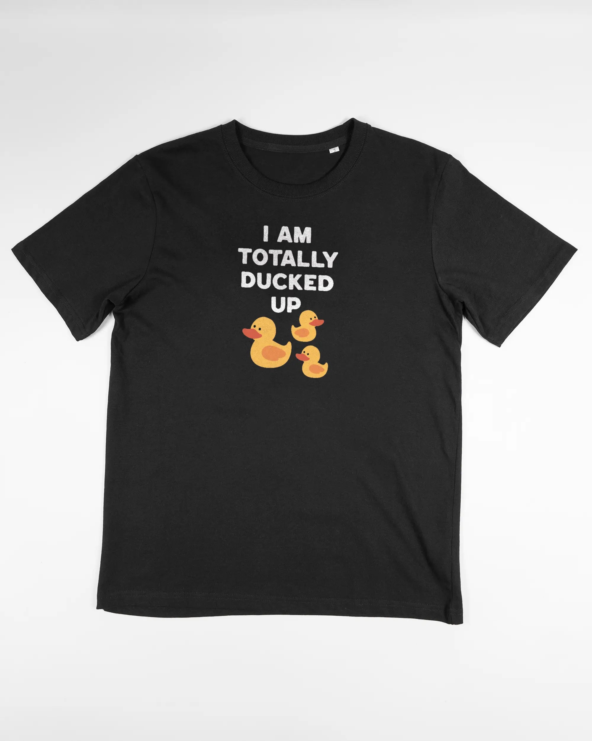 Vorderseite des Organic Unisex T-Shirt Relaxed von Maondo mit dem Design Ducked Up in der Farbe Black und in der Größe S flach auf den Boden gelegt