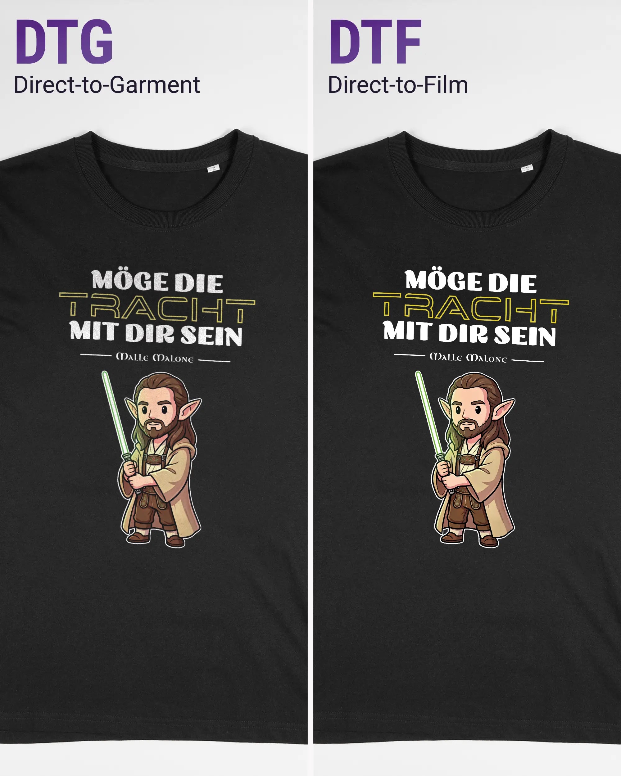 Vergleich der Vorderseiten des Organic Unisex T-Shirt Relaxed von Maondo mit dem Design Tracht mit dir in der Farbe Black und in der Größe S links mit dem Direct-to-Garment und rechts mit dem Direct-to-Film Verfahren