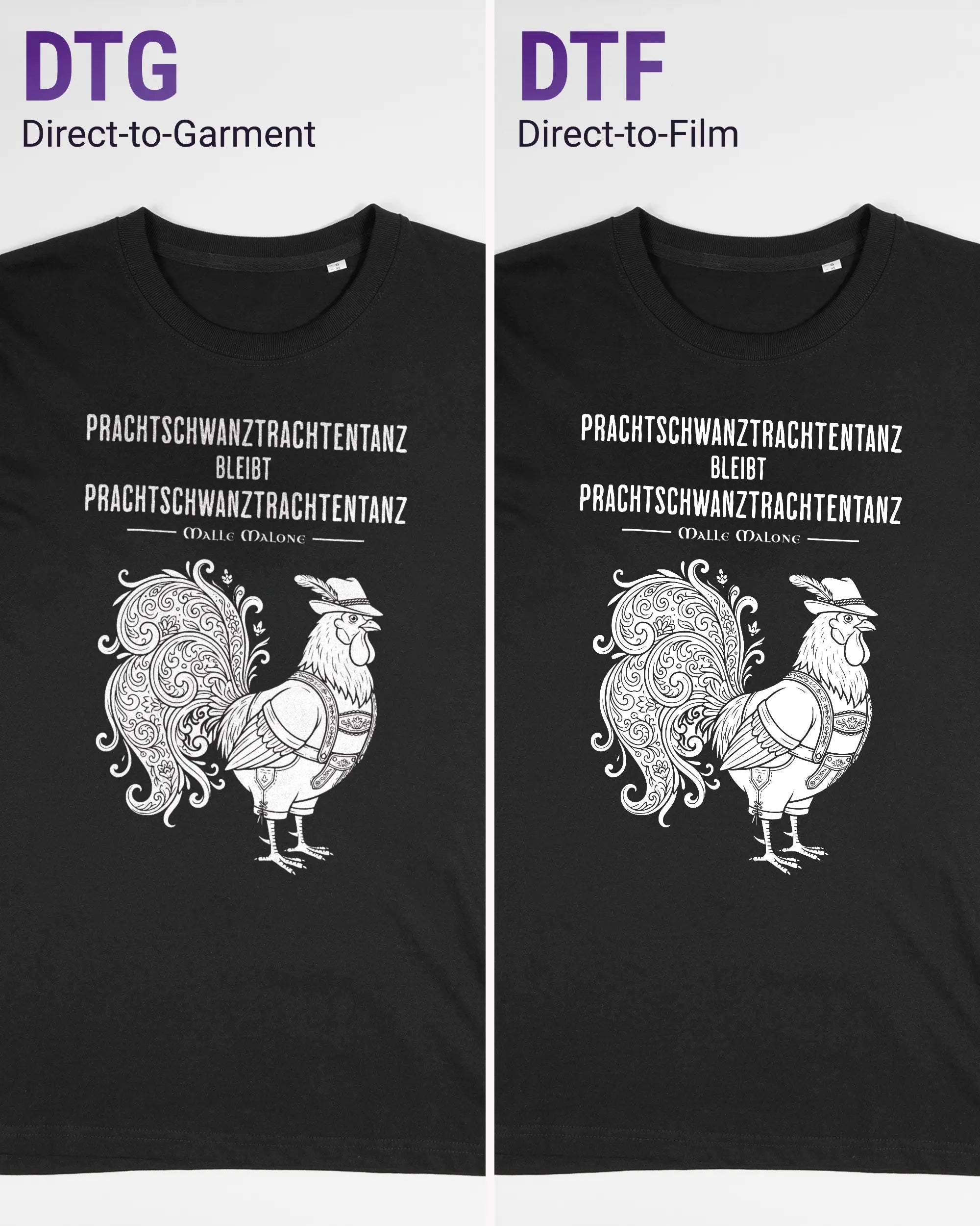 Vergleich der Vorderseiten des Organic Unisex T-Shirt Relaxed von Maondo mit dem Design Trachtentanz in der Farbe Black und in der Größe S links mit dem Direct-to-Garment und rechts mit dem Direct-to-Film Verfahren