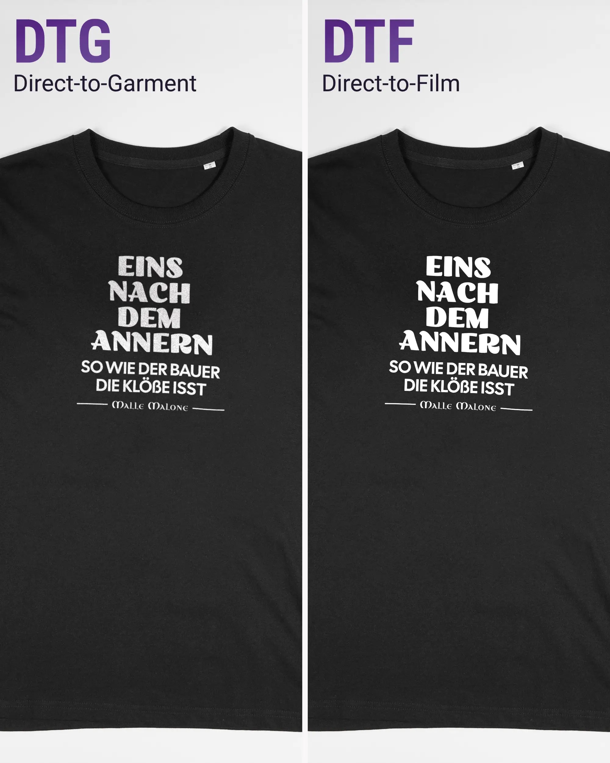 Vergleich der Vorderseiten des Organic Unisex T-Shirt Relaxed von Maondo mit dem Design Eins nach dem Annern in der Farbe Black und in der Größe S links mit dem Direct-to-Garment und rechts mit dem Direct-to-Film Verfahren