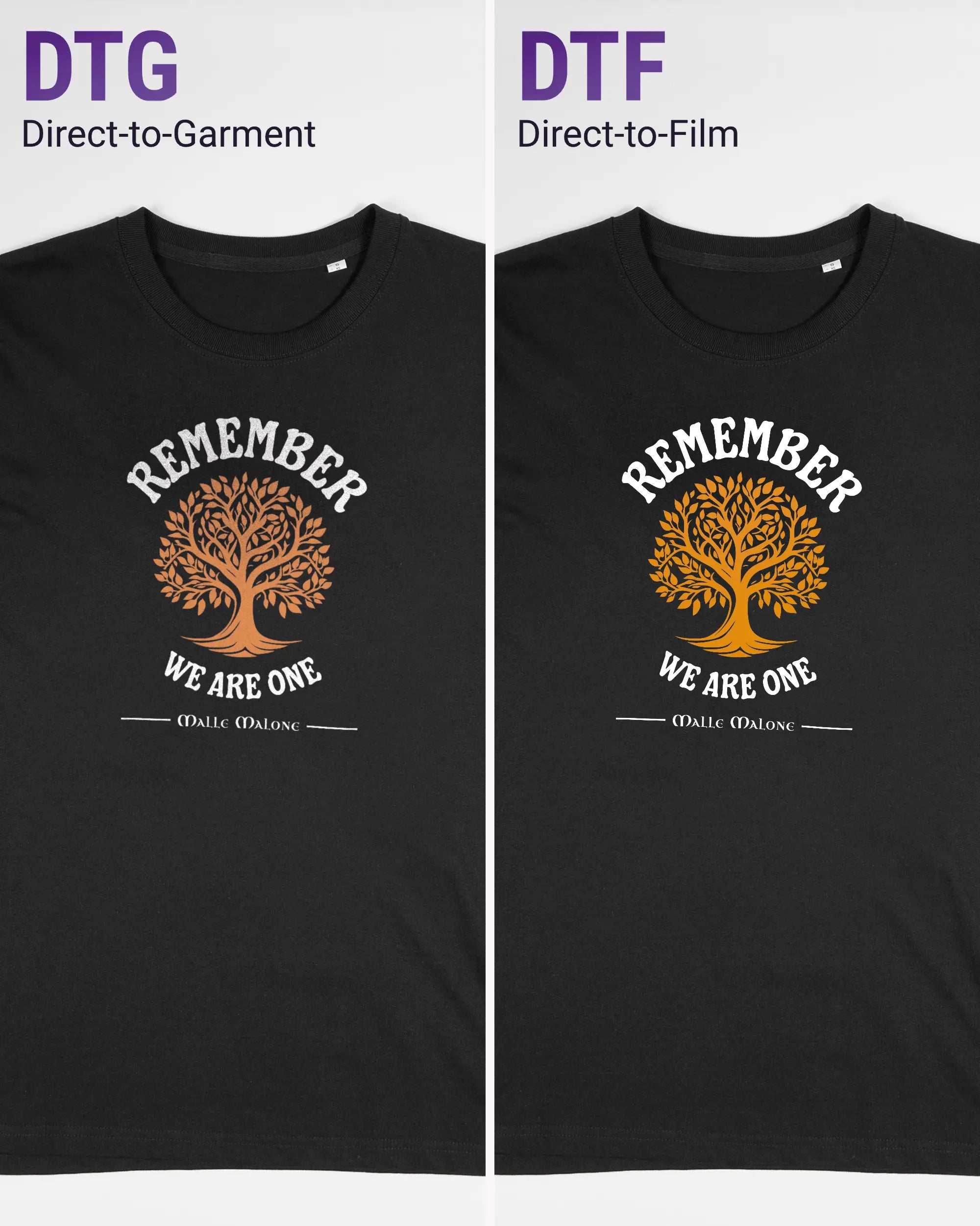 Vergleich der Vorderseiten des Organic Unisex T-Shirt Relaxed von Maondo mit dem Design We are one in der Farbe Black und in der Größe S links mit dem Direct-to-Garment und rechts mit dem Direct-to-Film Verfahren