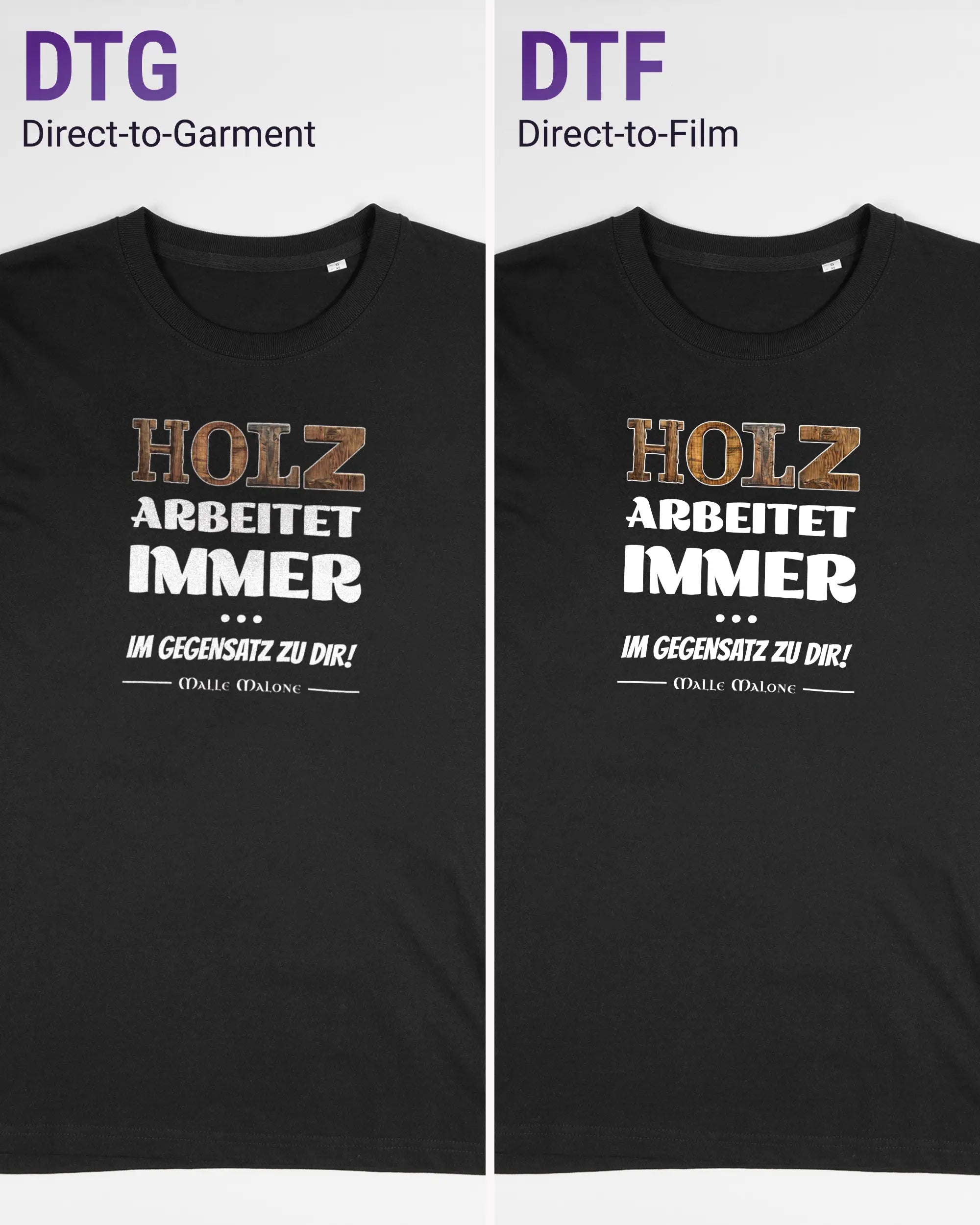 Vergleich der Vorderseiten des Organic Unisex T-Shirt Relaxed von Maondo mit dem Design Holzarbeit in der Farbe Black und in der Größe S links mit dem Direct-to-Garment und rechts mit dem Direct-to-Film Verfahren