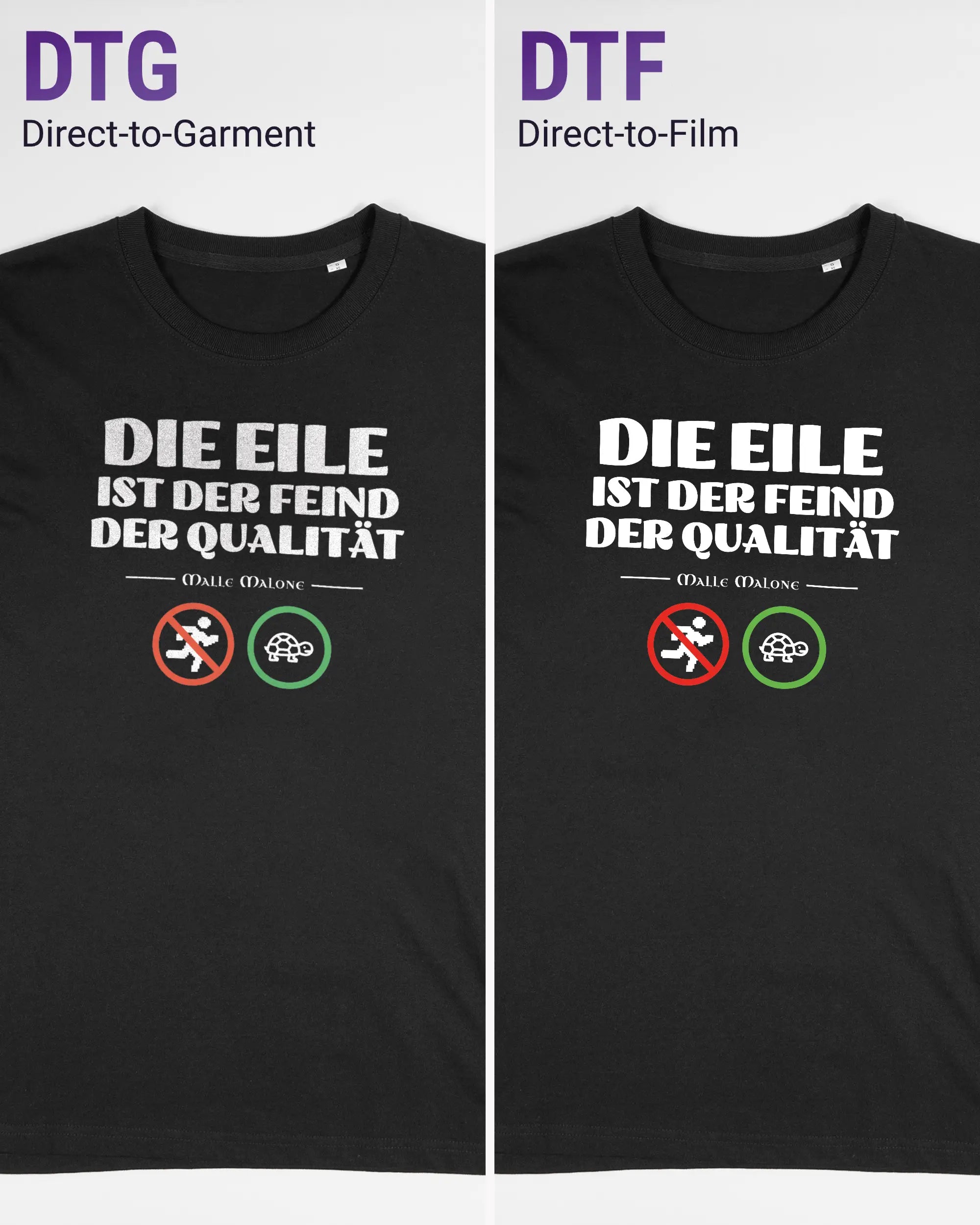 Vergleich der Vorderseiten des Organic Unisex T-Shirt Relaxed von Maondo mit dem Design Keine Eile in der Farbe Black und in der Größe S links mit dem Direct-to-Garment und rechts mit dem Direct-to-Film Verfahren