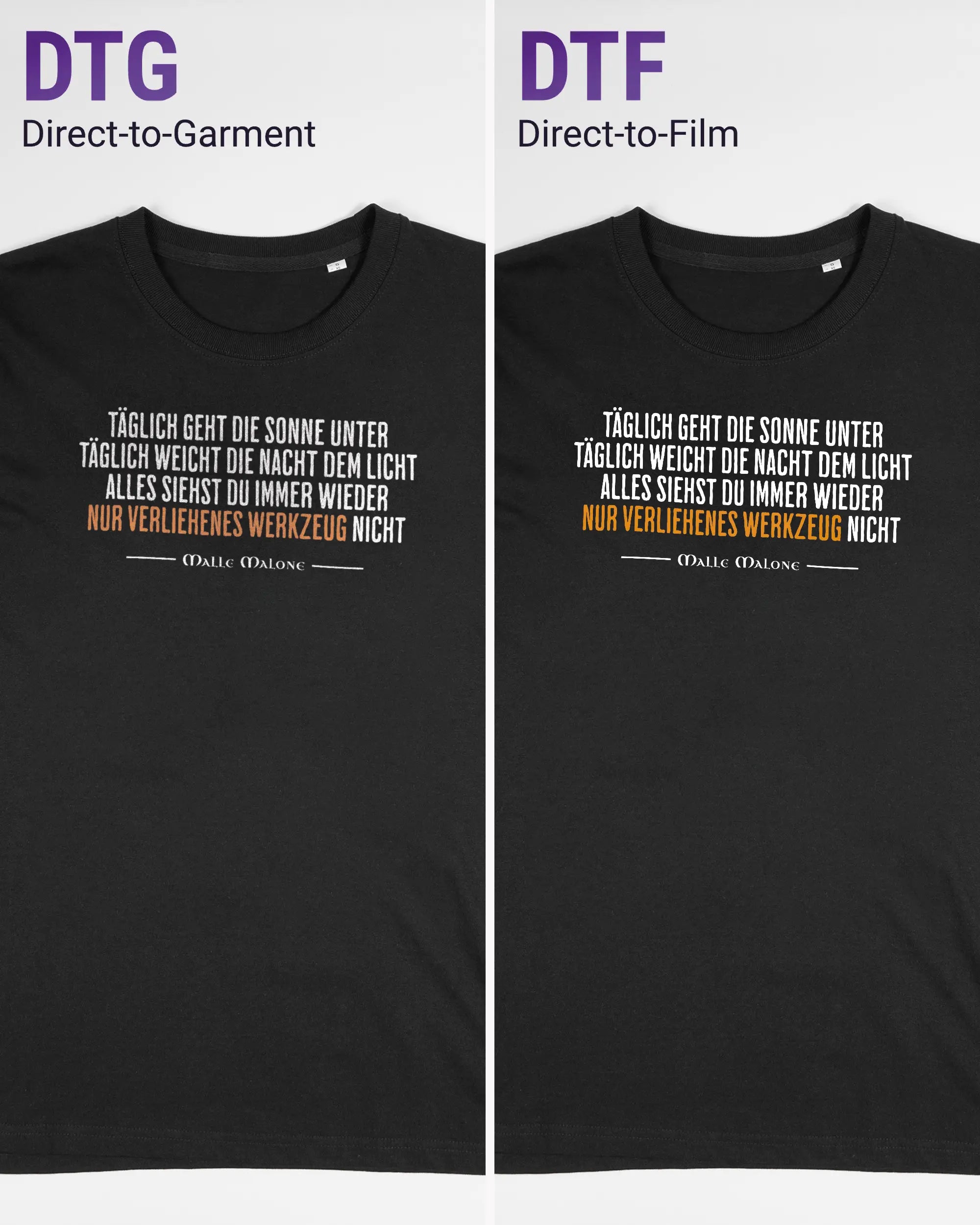 Vergleich der Vorderseiten des Organic Unisex T-Shirt Relaxed von Maondo mit dem Design Wegzeug in der Farbe Black und in der Größe S links mit dem Direct-to-Garment und rechts mit dem Direct-to-Film Verfahren