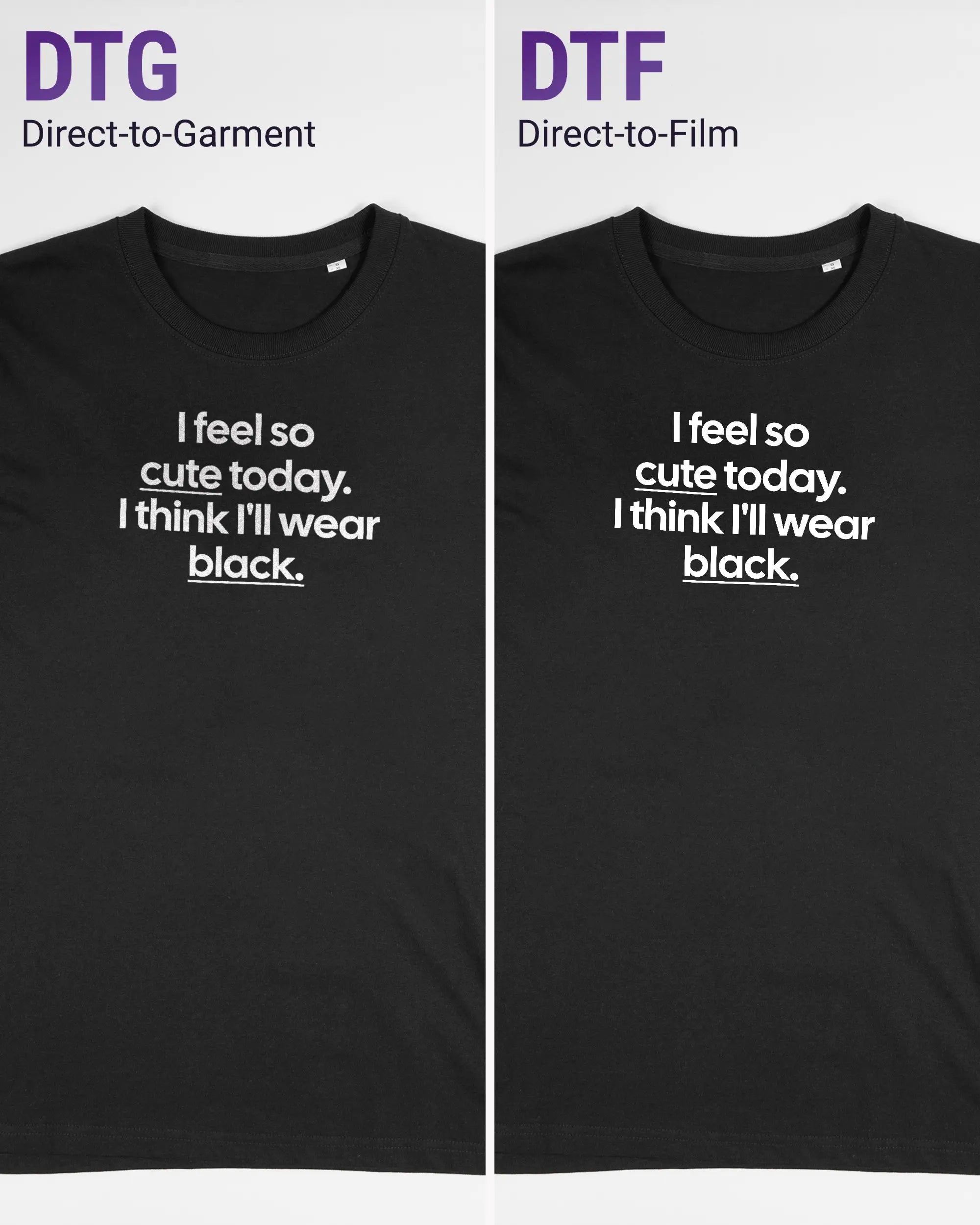 Vergleich der Vorderseiten des Organic Unisex T-Shirt Relaxed von Maondo mit dem Design Colorful Day in der Farbe Black und in der Größe S links mit dem Direct-to-Garment und rechts mit dem Direct-to-Film Verfahren