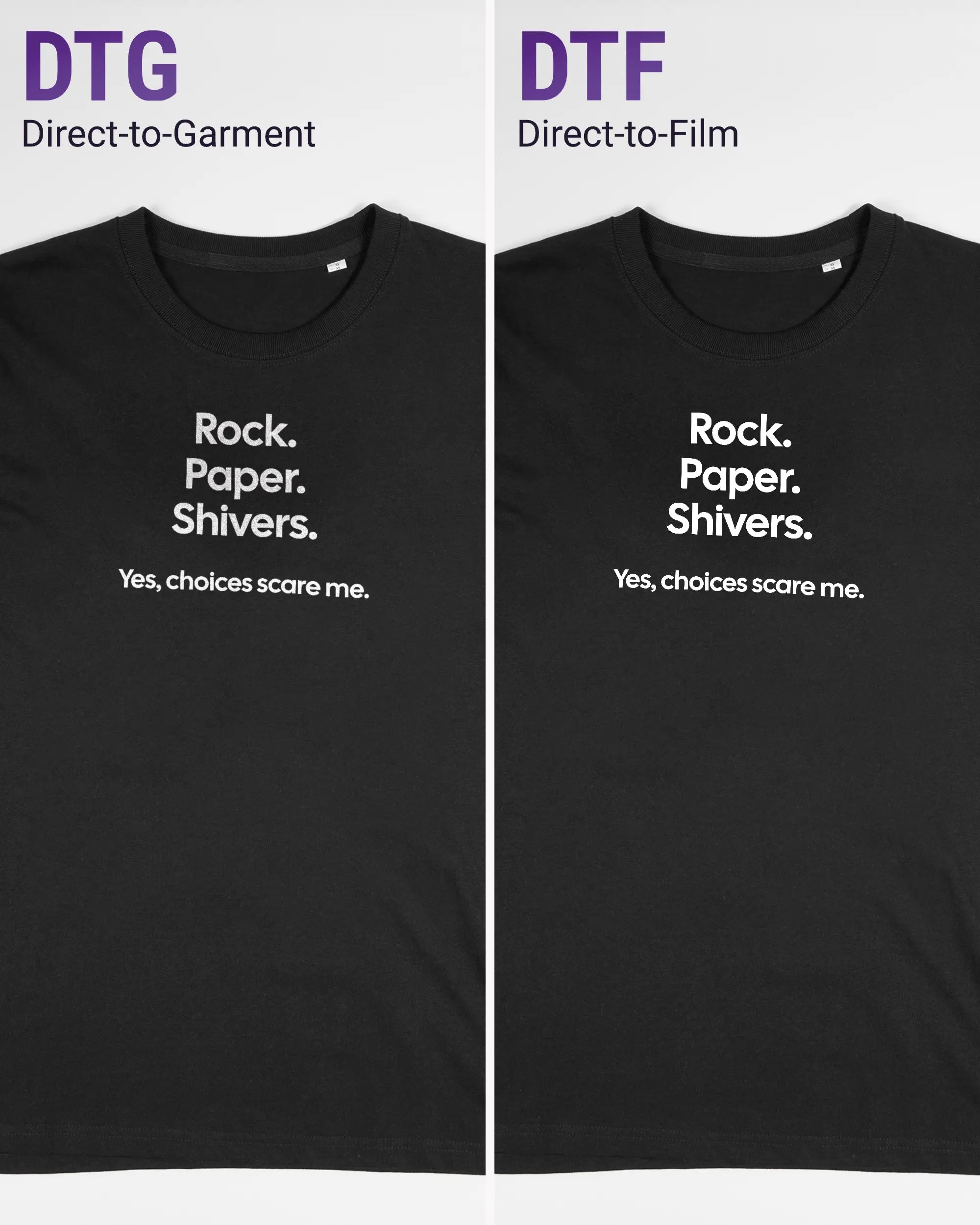 Vergleich der Vorderseiten des Organic Unisex T-Shirt Relaxed von Maondo mit dem Design Rock Paper Shivers in der Farbe Black und in der Größe S links mit dem Direct-to-Garment und rechts mit dem Direct-to-Film Verfahren