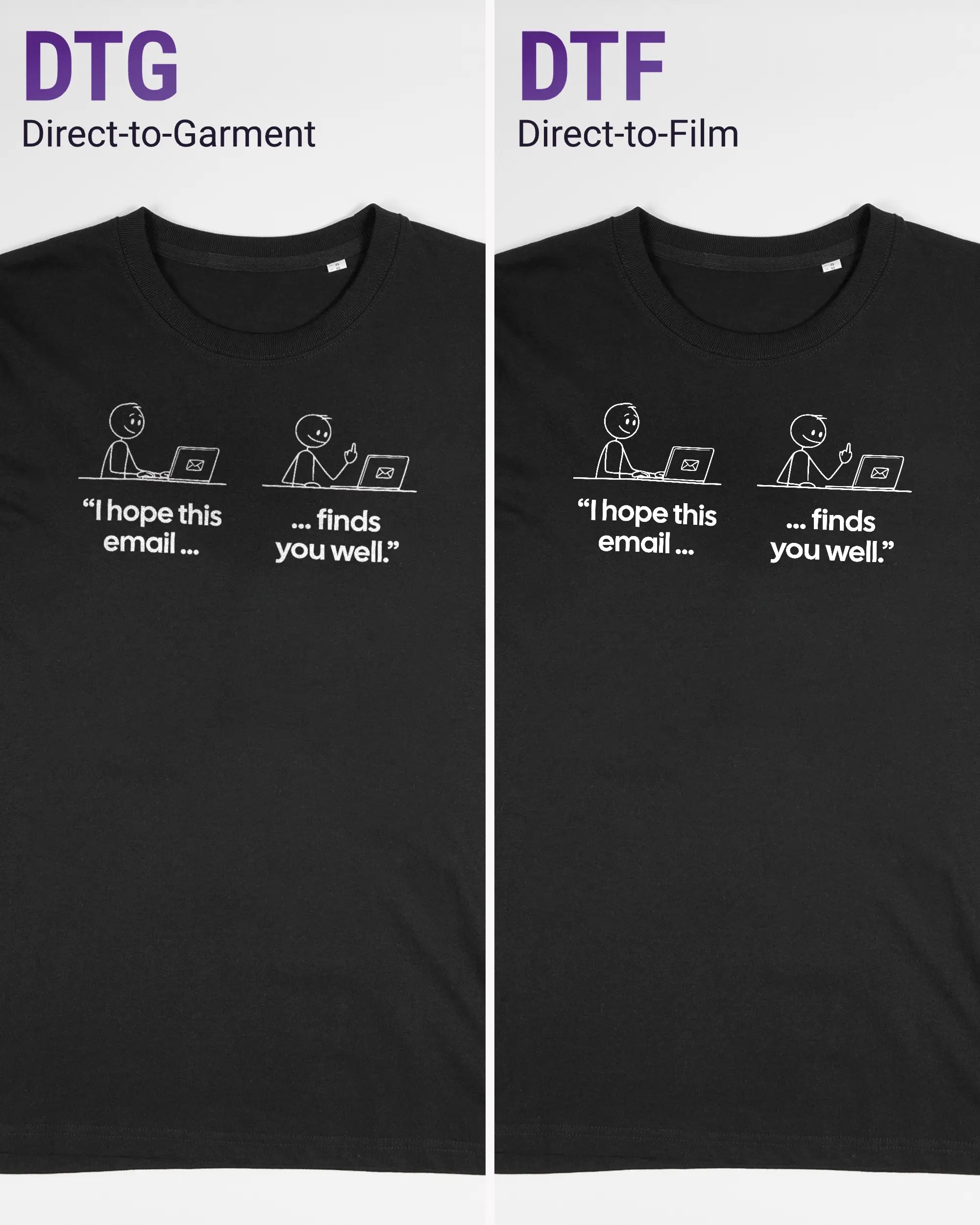 Vergleich der Vorderseiten des Organic Unisex T-Shirt Relaxed von Maondo mit dem Design Found me not well in der Farbe Black und in der Größe S links mit dem Direct-to-Garment und rechts mit dem Direct-to-Film Verfahren