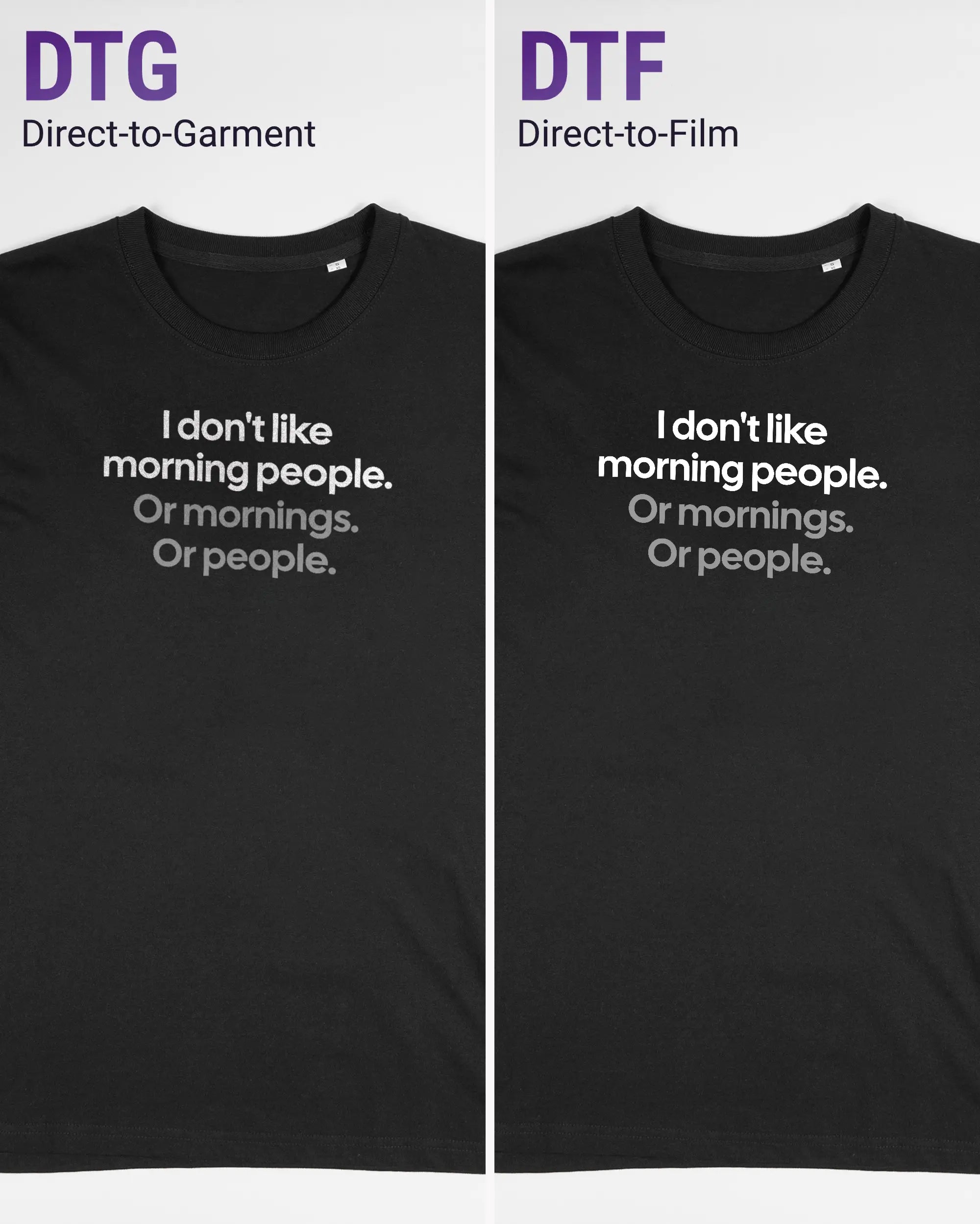 Vergleich der Vorderseiten des Organic Unisex T-Shirt Relaxed von Maondo mit dem Design Morning Person in der Farbe Black und in der Größe S links mit dem Direct-to-Garment und rechts mit dem Direct-to-Film Verfahren