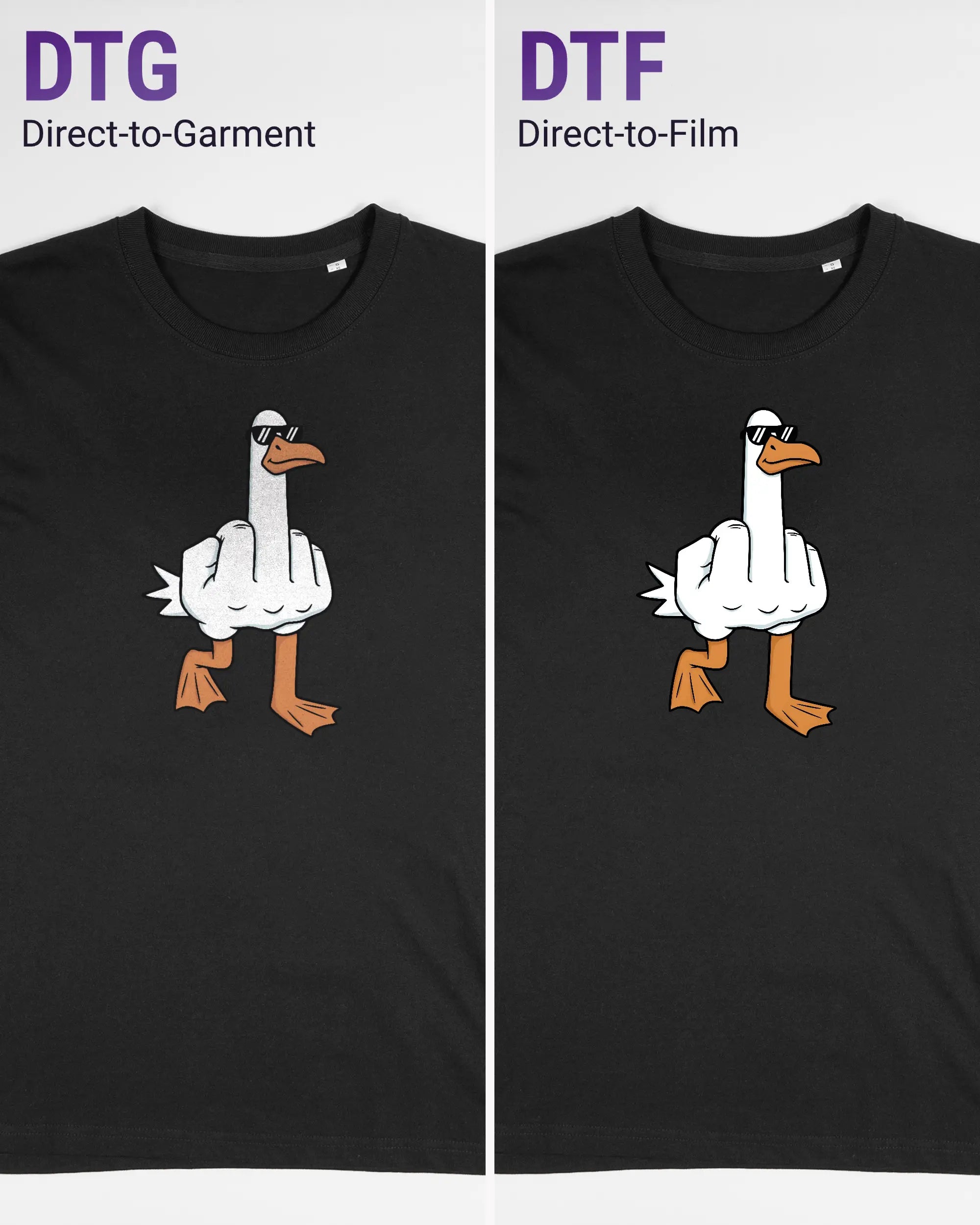 Vergleich der Vorderseiten des Organic Unisex T-Shirt Relaxed von Maondo mit dem Design I give a duck in der Farbe Black und in der Größe S links mit dem Direct-to-Garment und rechts mit dem Direct-to-Film Verfahren