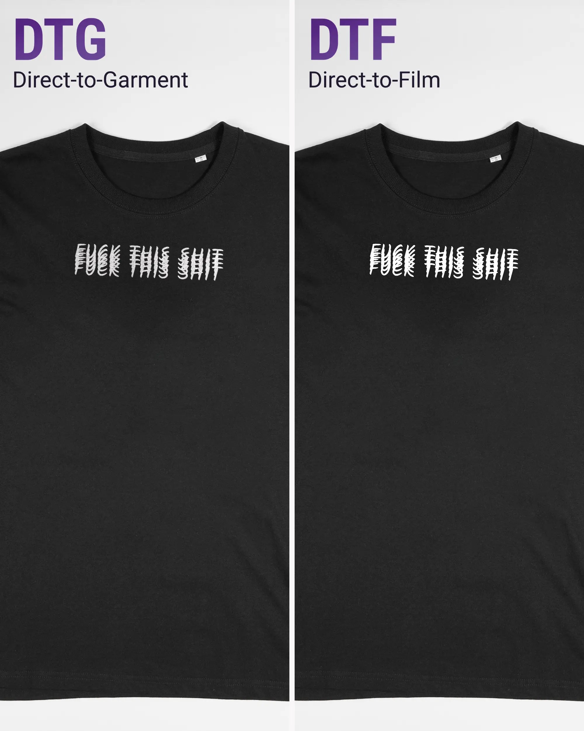Vergleich der Vorderseiten des Organic Unisex T-Shirt Relaxed von Maondo mit dem Design Hidden Message in der Farbe Black und in der Größe S links mit dem Direct-to-Garment und rechts mit dem Direct-to-Film Verfahren