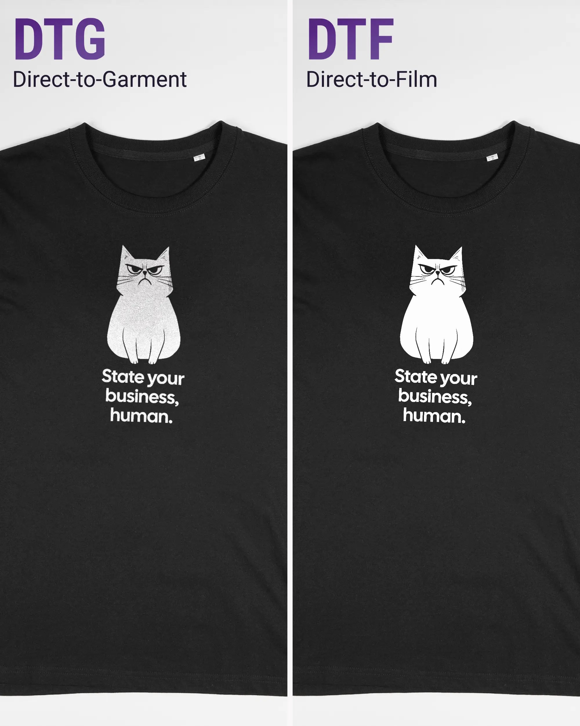 Vergleich der Vorderseiten des Organic Unisex T-Shirt Relaxed von Maondo mit dem Design Grumpy Purr in der Farbe Black und in der Größe S links mit dem Direct-to-Garment und rechts mit dem Direct-to-Film Verfahren