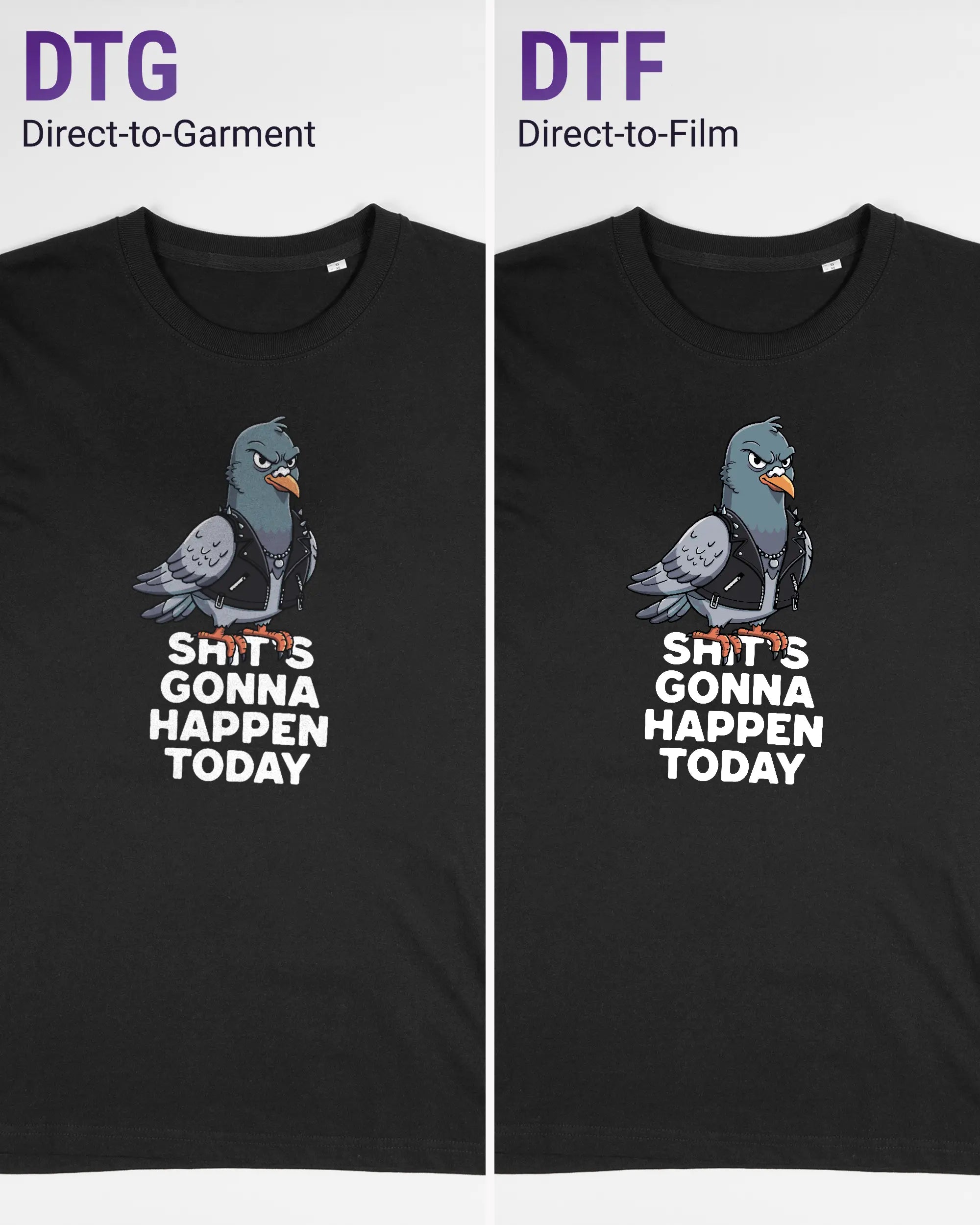 Vergleich der Vorderseiten des Organic Unisex T-Shirt Relaxed von Maondo mit dem Design Pigeon Pun in der Farbe Black und in der Größe S links mit dem Direct-to-Garment und rechts mit dem Direct-to-Film Verfahren
