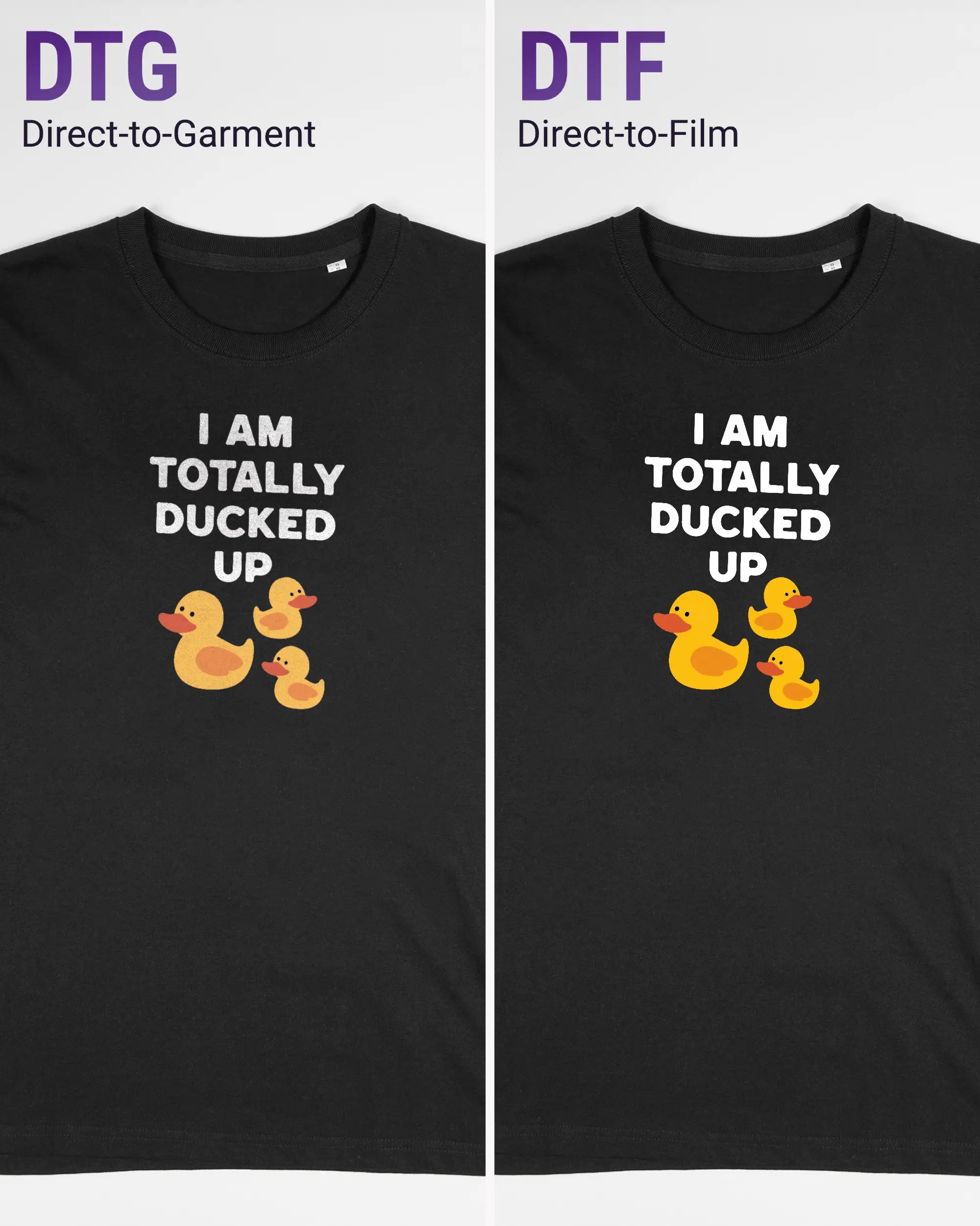 Vergleich der Vorderseiten des Organic Unisex T-Shirt Relaxed von Maondo mit dem Design Ducked Up in der Farbe Black und in der Größe S links mit dem Direct-to-Garment und rechts mit dem Direct-to-Film Verfahren