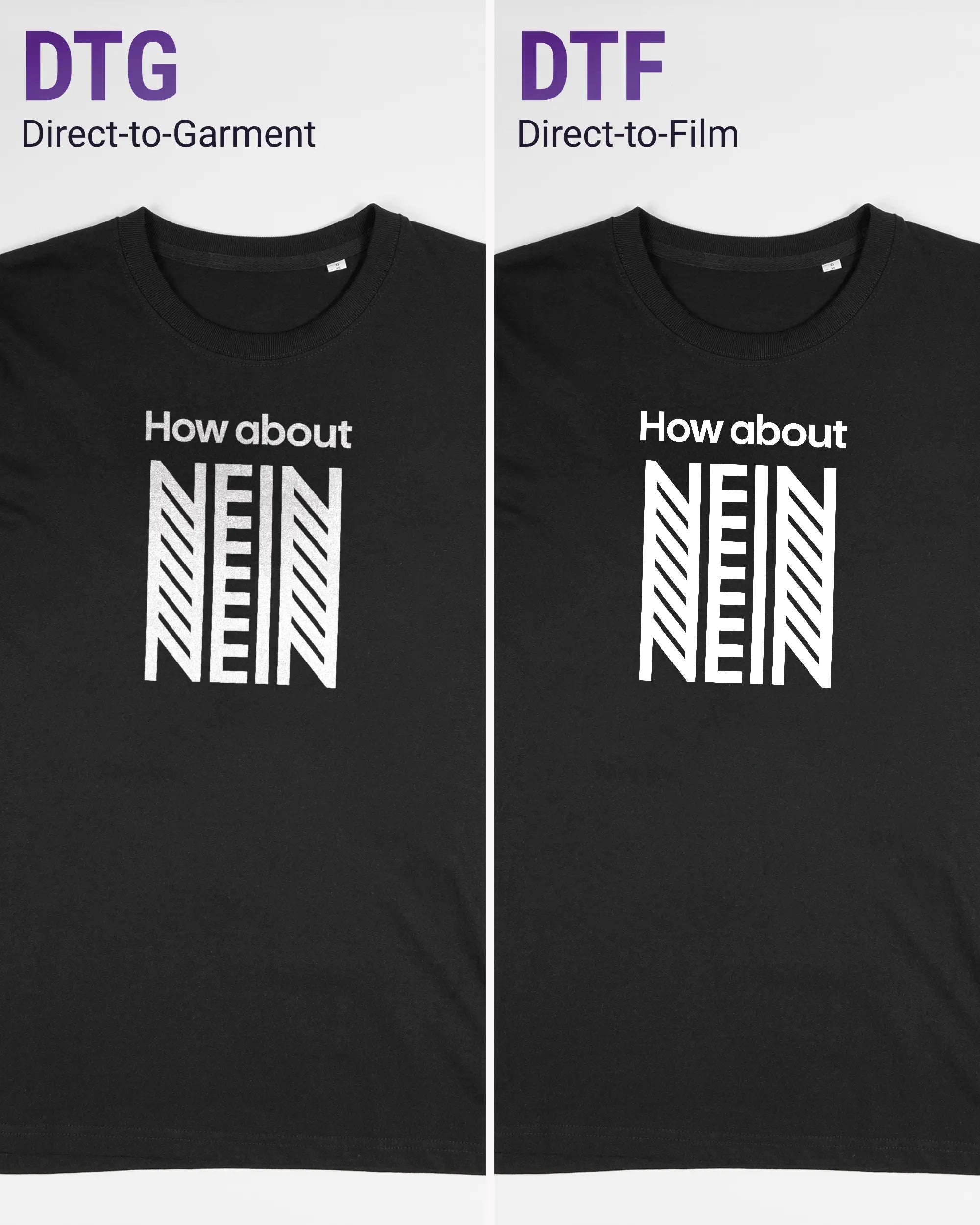 Vergleich der Vorderseiten des Organic Unisex T-Shirt Relaxed von Maondo mit dem Design How about nein in der Farbe Black und in der Größe S links mit dem Direct-to-Garment und rechts mit dem Direct-to-Film Verfahren