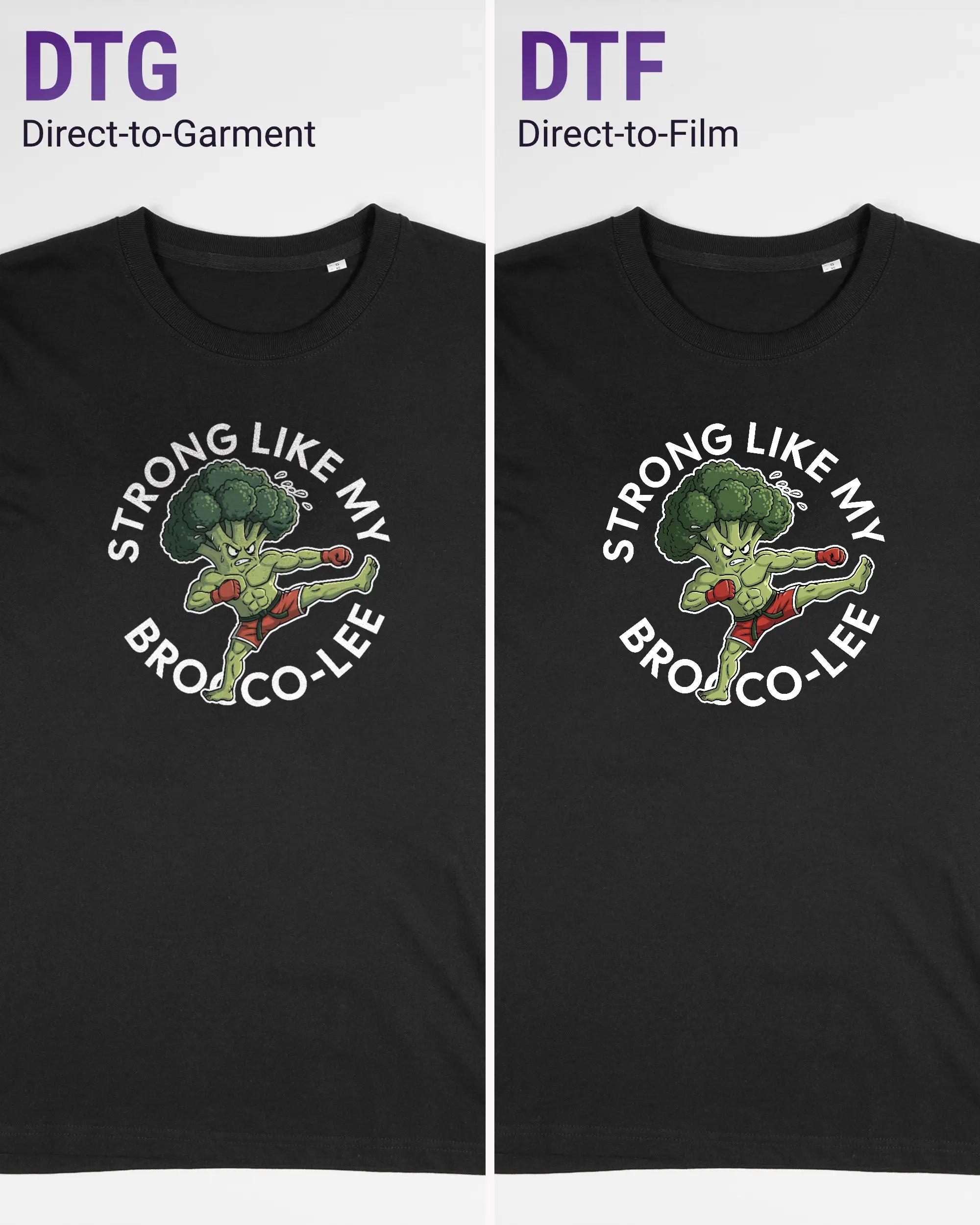Vergleich der Vorderseiten des Organic Unisex T-Shirt Relaxed von Maondo mit dem Design Brocco-Lee in der Farbe Black und in der Größe S links mit dem Direct-to-Garment und rechts mit dem Direct-to-Film Verfahren