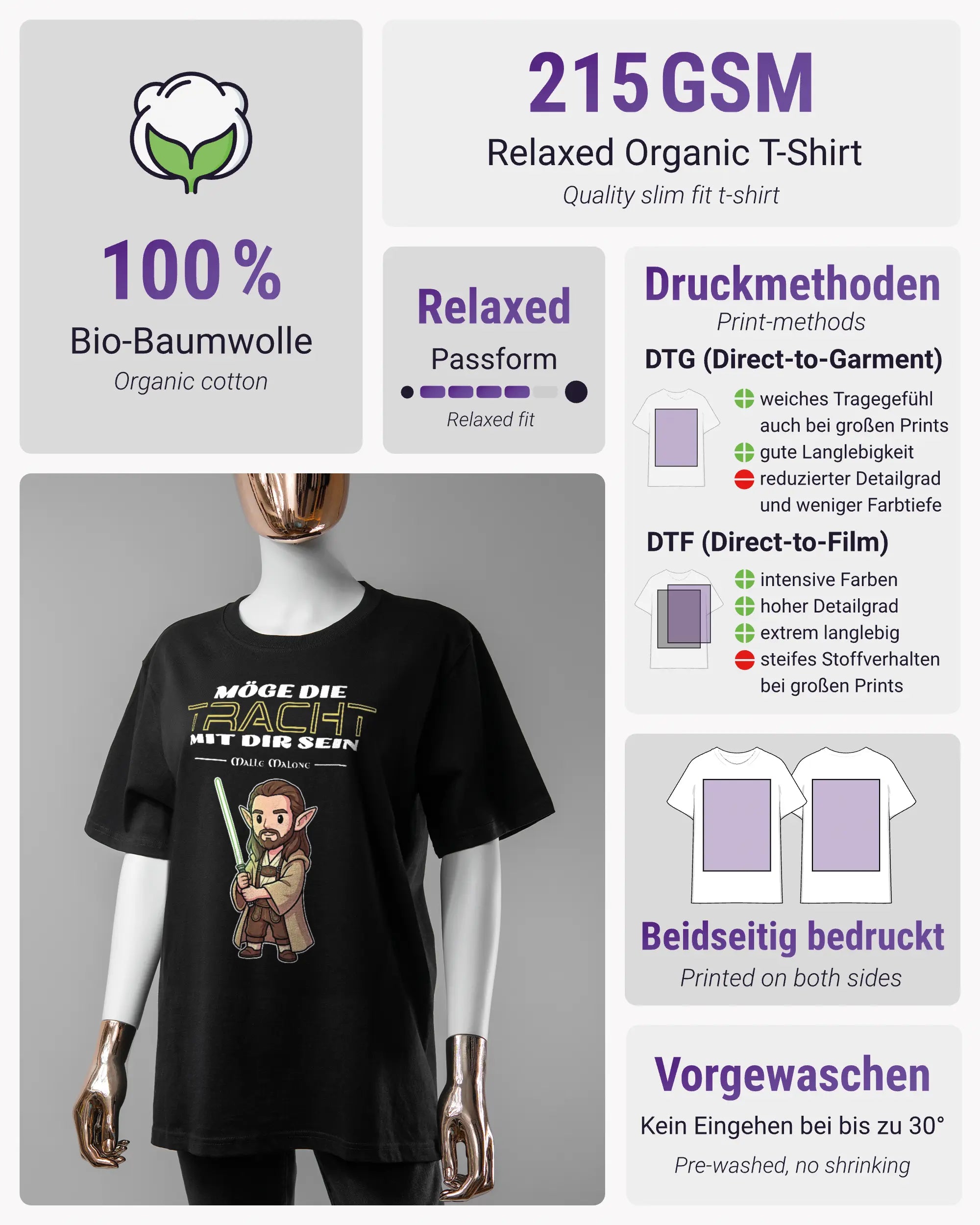 Produktinformationsblatt des Organic Unisex T-Shirt Relaxed von Maondo mit dem Design Tracht mit dir vorne in der Farbe Black und in der Größe S