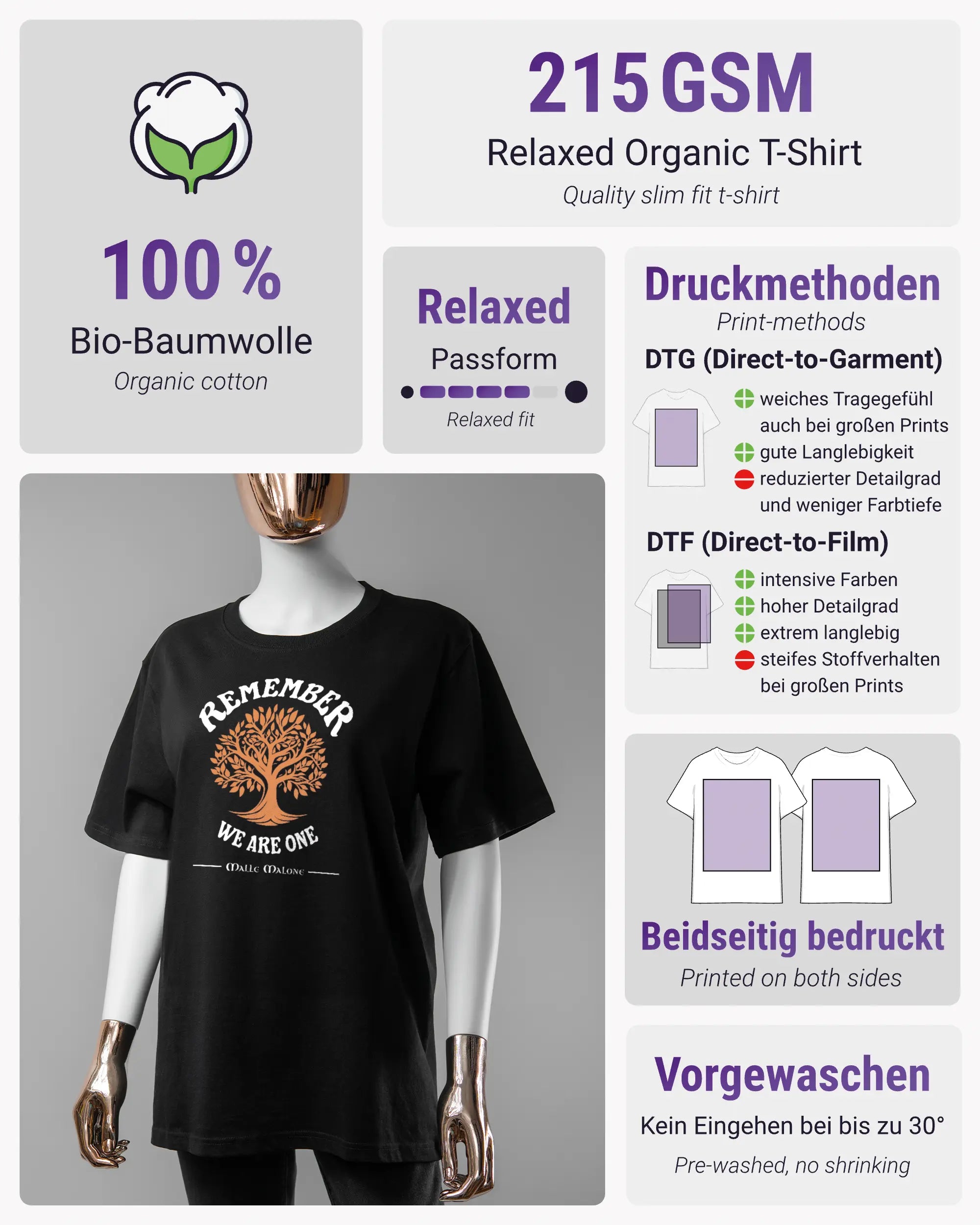 Produktinformationsblatt des Organic Unisex T-Shirt Relaxed von Maondo mit dem Design We are one vorne in der Farbe Black und in der Größe S