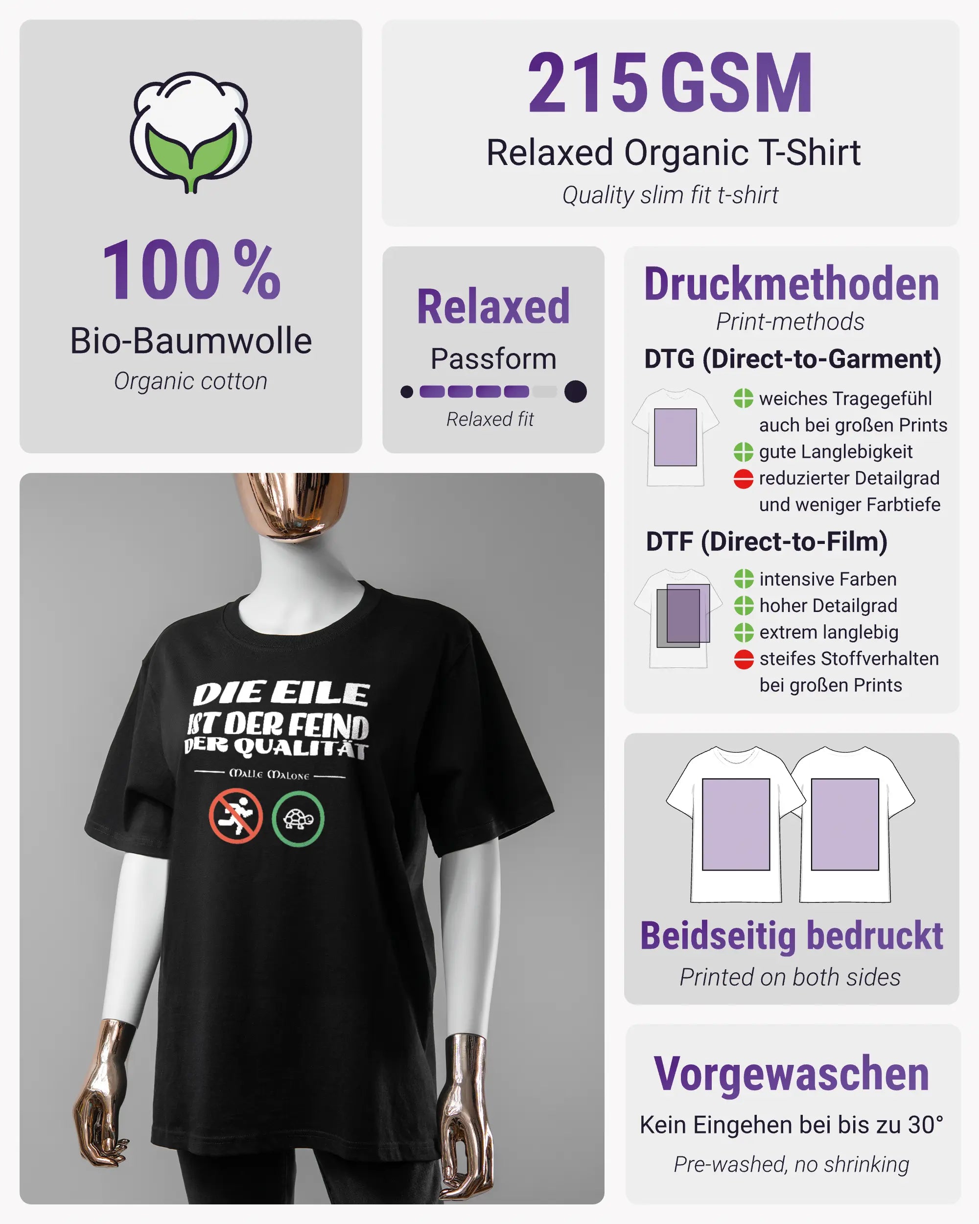 Produktinformationsblatt des Organic Unisex T-Shirt Relaxed von Maondo mit dem Design Keine Eile vorne in der Farbe Black und in der Größe S