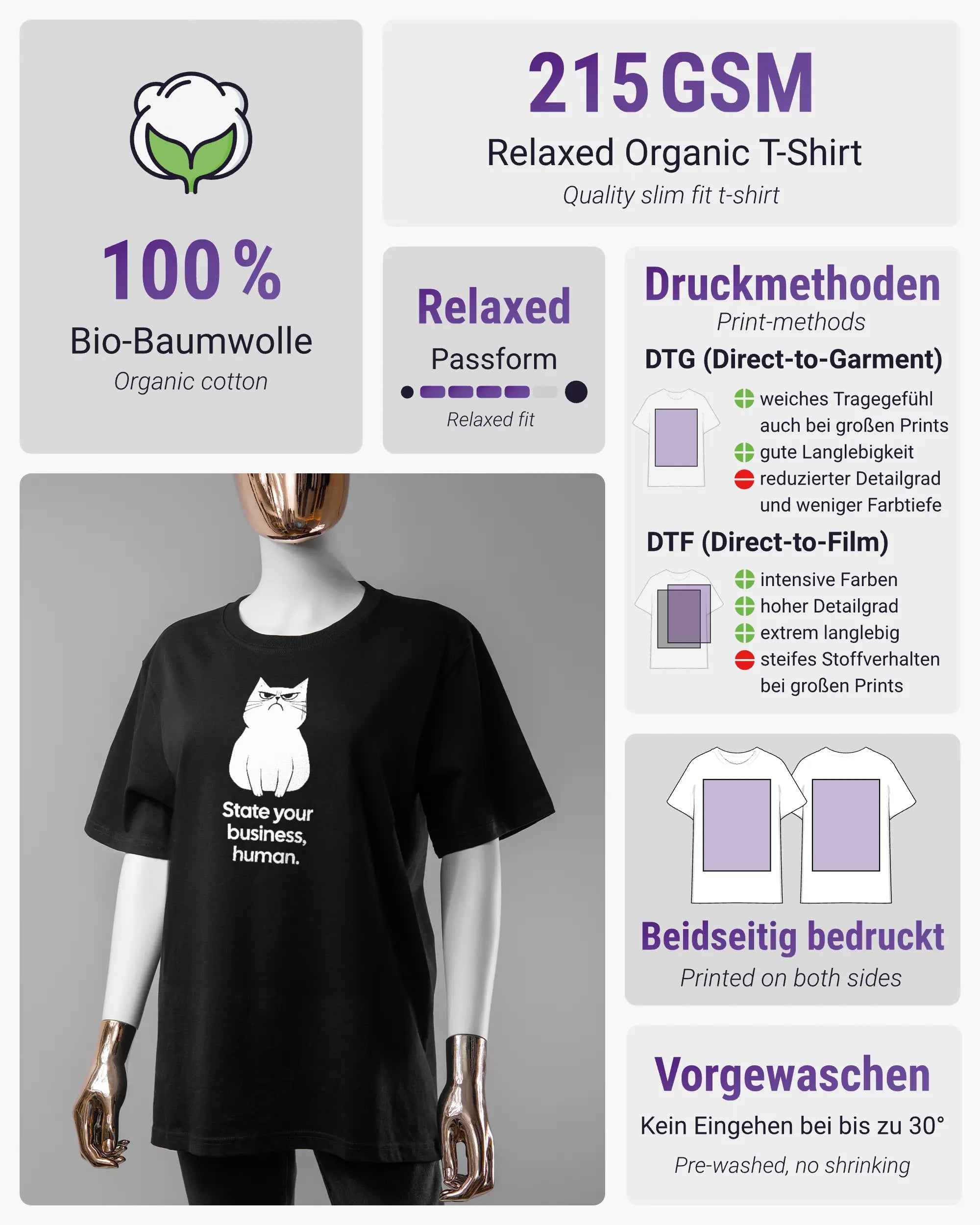 Produktinformationsblatt des Organic Unisex T-Shirt Relaxed von Maondo mit dem Design Grumpy Purr vorne in der Farbe Black und in der Größe S