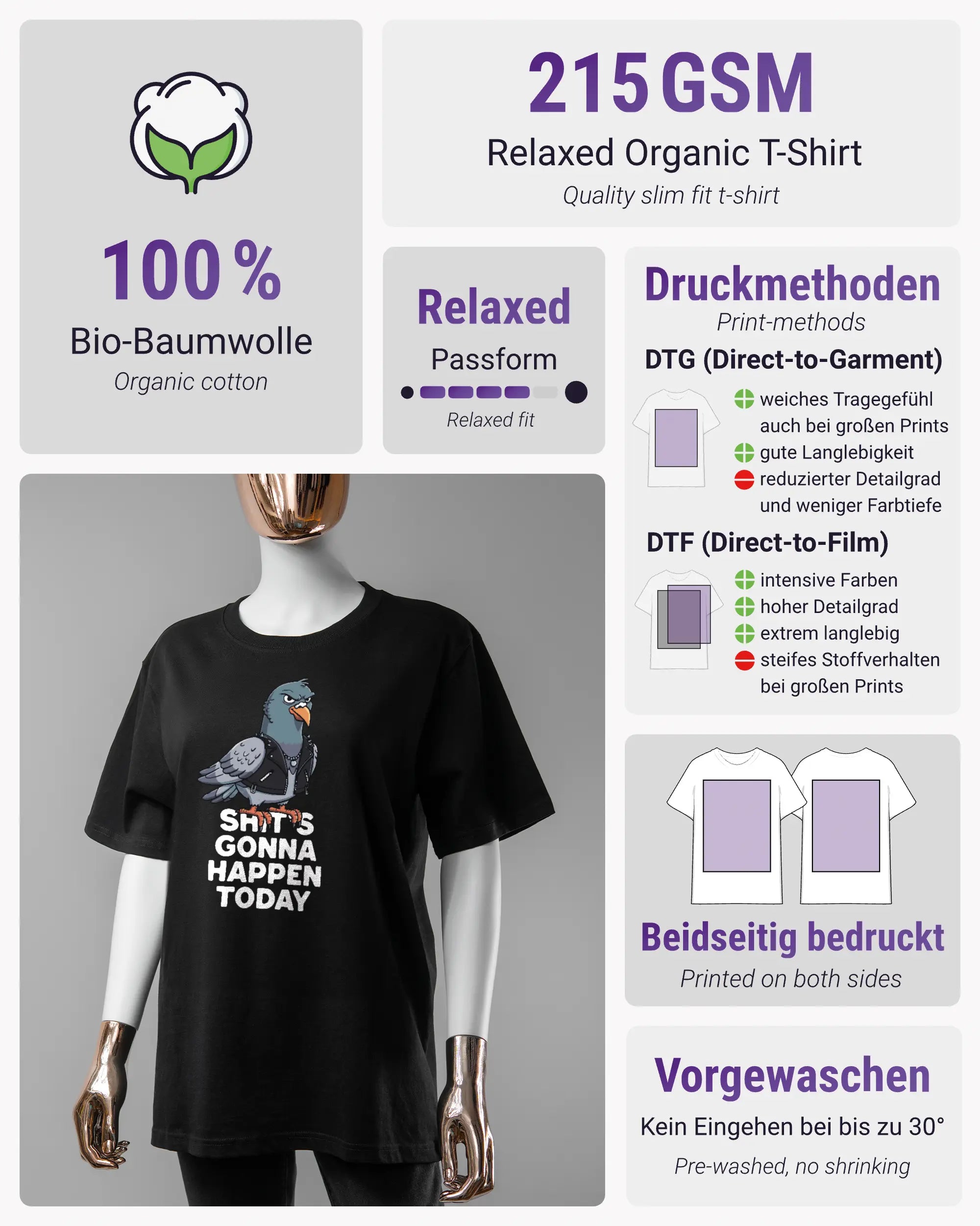 Produktinformationsblatt des Organic Unisex T-Shirt Relaxed von Maondo mit dem Design Pigeon Pun vorne in der Farbe Black und in der Größe S