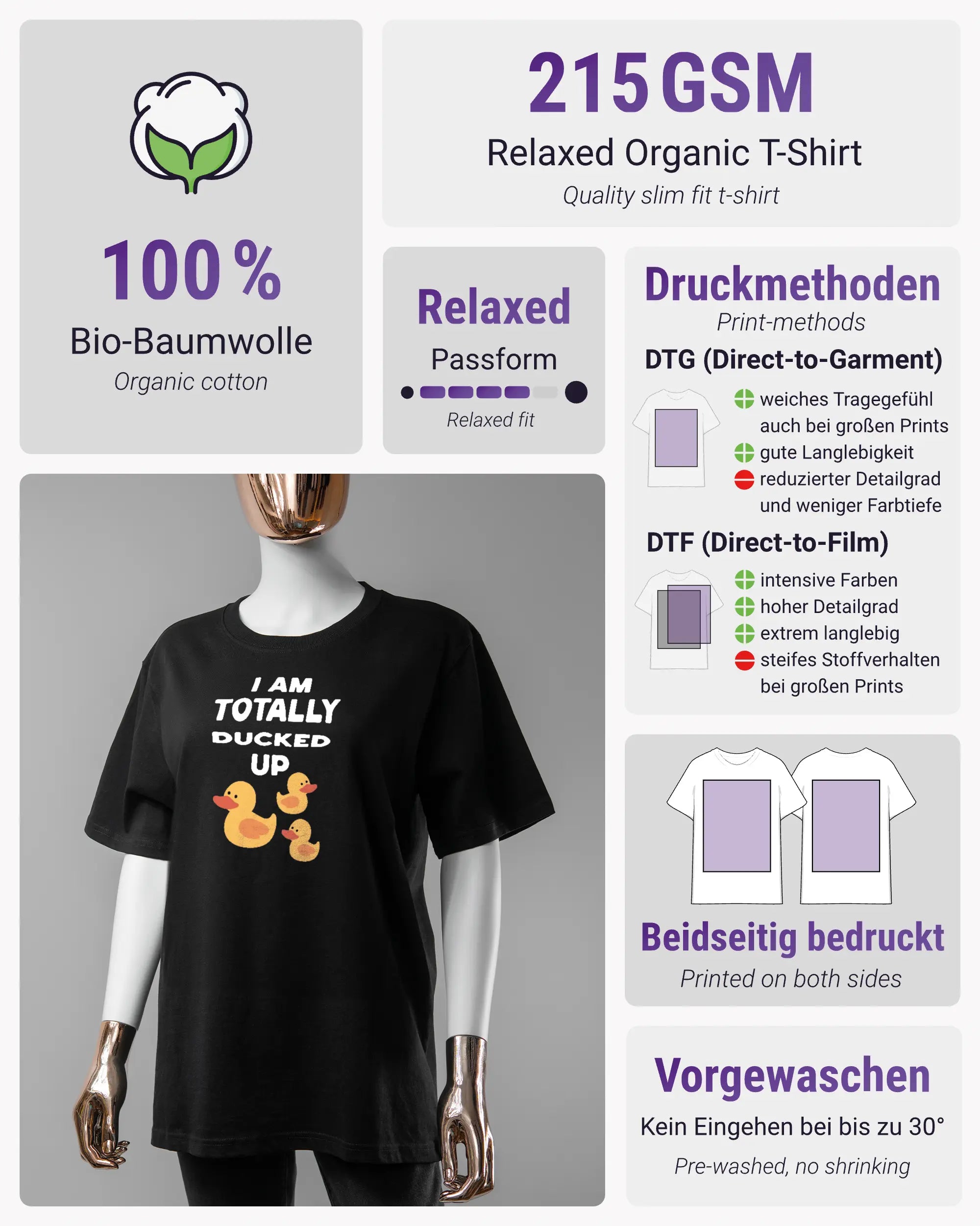 Produktinformationsblatt des Organic Unisex T-Shirt Relaxed von Maondo mit dem Design Ducked Up vorne in der Farbe Black und in der Größe S