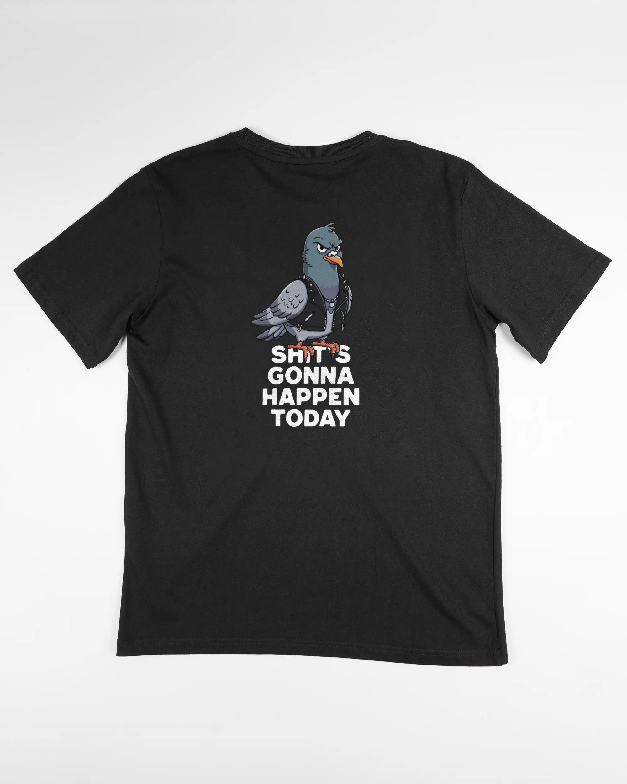 Rückseite des Organic Unisex T-Shirt Relaxed von Maondo mit dem Design Pigeon Pun in der Farbe Black und in der Größe S flach auf den Boden gelegt