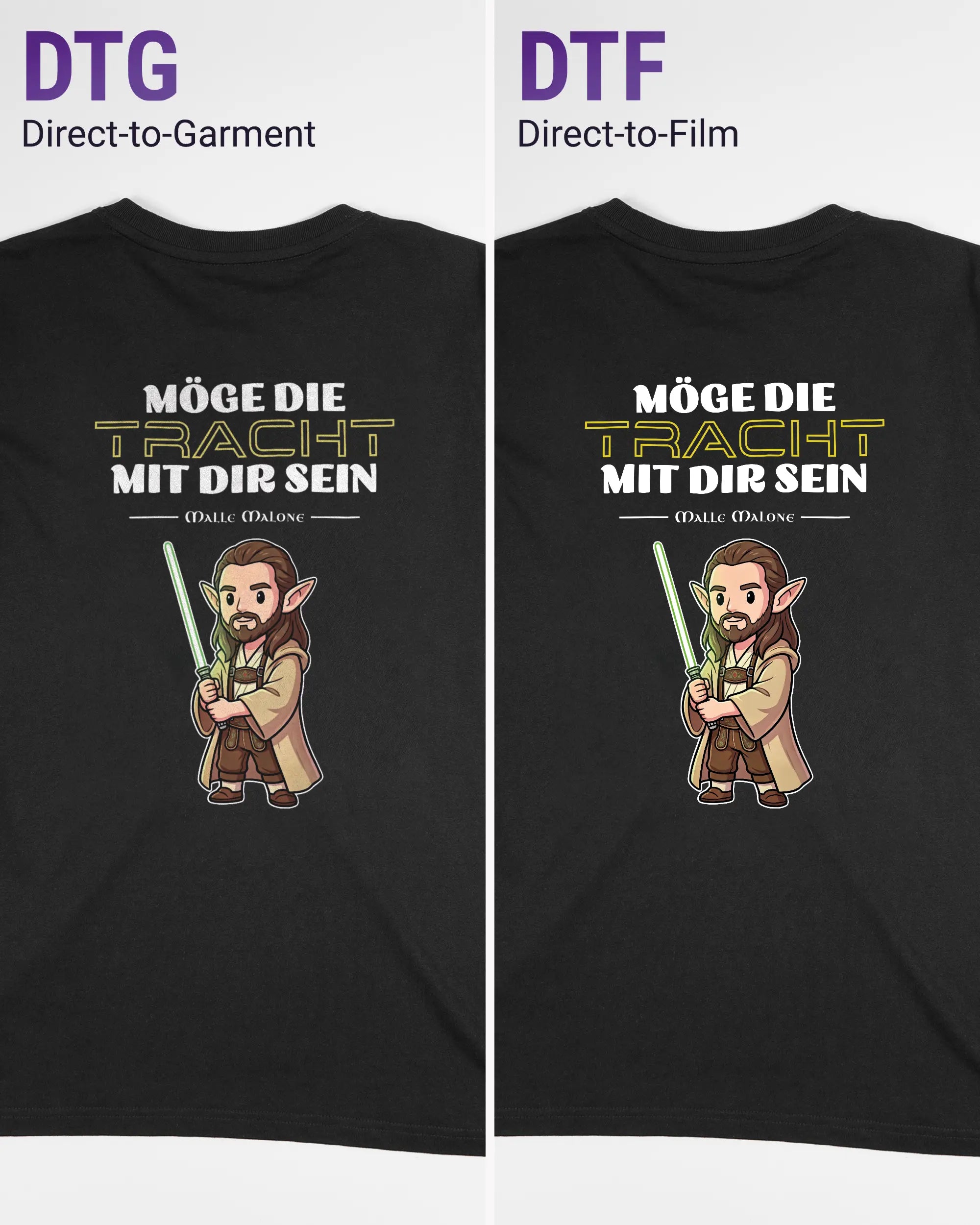 Vergleich der Rückseiten des Organic Unisex T-Shirt Relaxed von Maondo mit dem Design Tracht mit dir in der Farbe Black und in der Größe S links mit dem Direct-to-Garment und rechts mit dem Direct-to-Film Verfahren