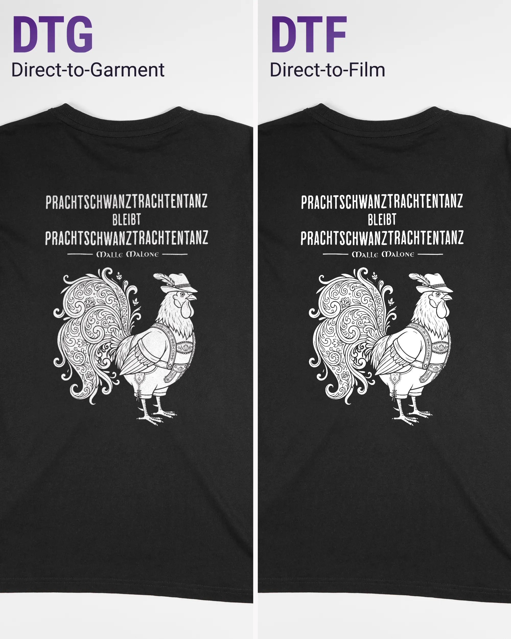 Vergleich der Rückseiten des Organic Unisex T-Shirt Relaxed von Maondo mit dem Design Trachtentanz in der Farbe Black und in der Größe S links mit dem Direct-to-Garment und rechts mit dem Direct-to-Film Verfahren