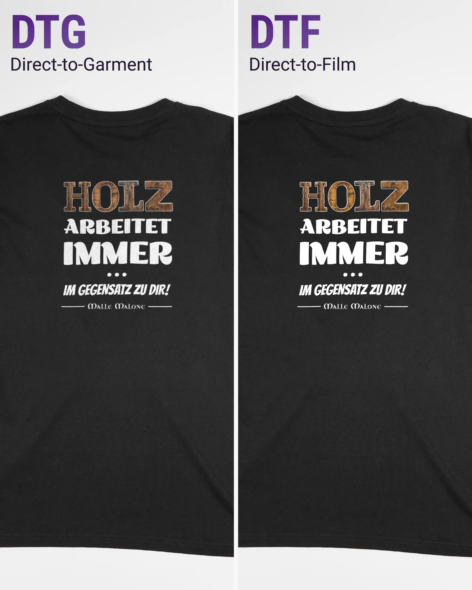 Vergleich der Rückseiten des Organic Unisex T-Shirt Relaxed von Maondo mit dem Design Holzarbeit in der Farbe Black und in der Größe S links mit dem Direct-to-Garment und rechts mit dem Direct-to-Film Verfahren