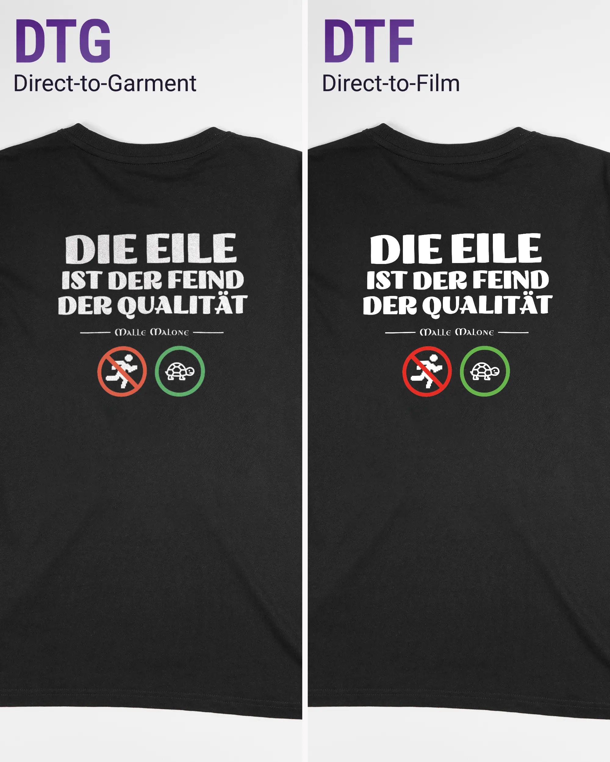 Vergleich der Rückseiten des Organic Unisex T-Shirt Relaxed von Maondo mit dem Design Keine Eile in der Farbe Black und in der Größe S links mit dem Direct-to-Garment und rechts mit dem Direct-to-Film Verfahren