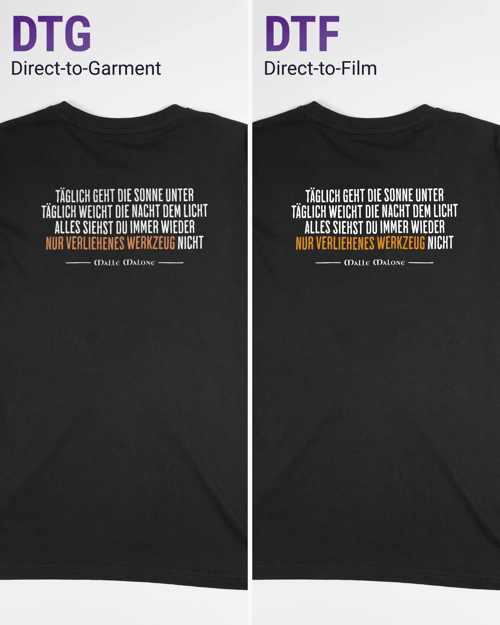 Vergleich der Rückseiten des Organic Unisex T-Shirt Relaxed von Maondo mit dem Design Wegzeug in der Farbe Black und in der Größe S links mit dem Direct-to-Garment und rechts mit dem Direct-to-Film Verfahren